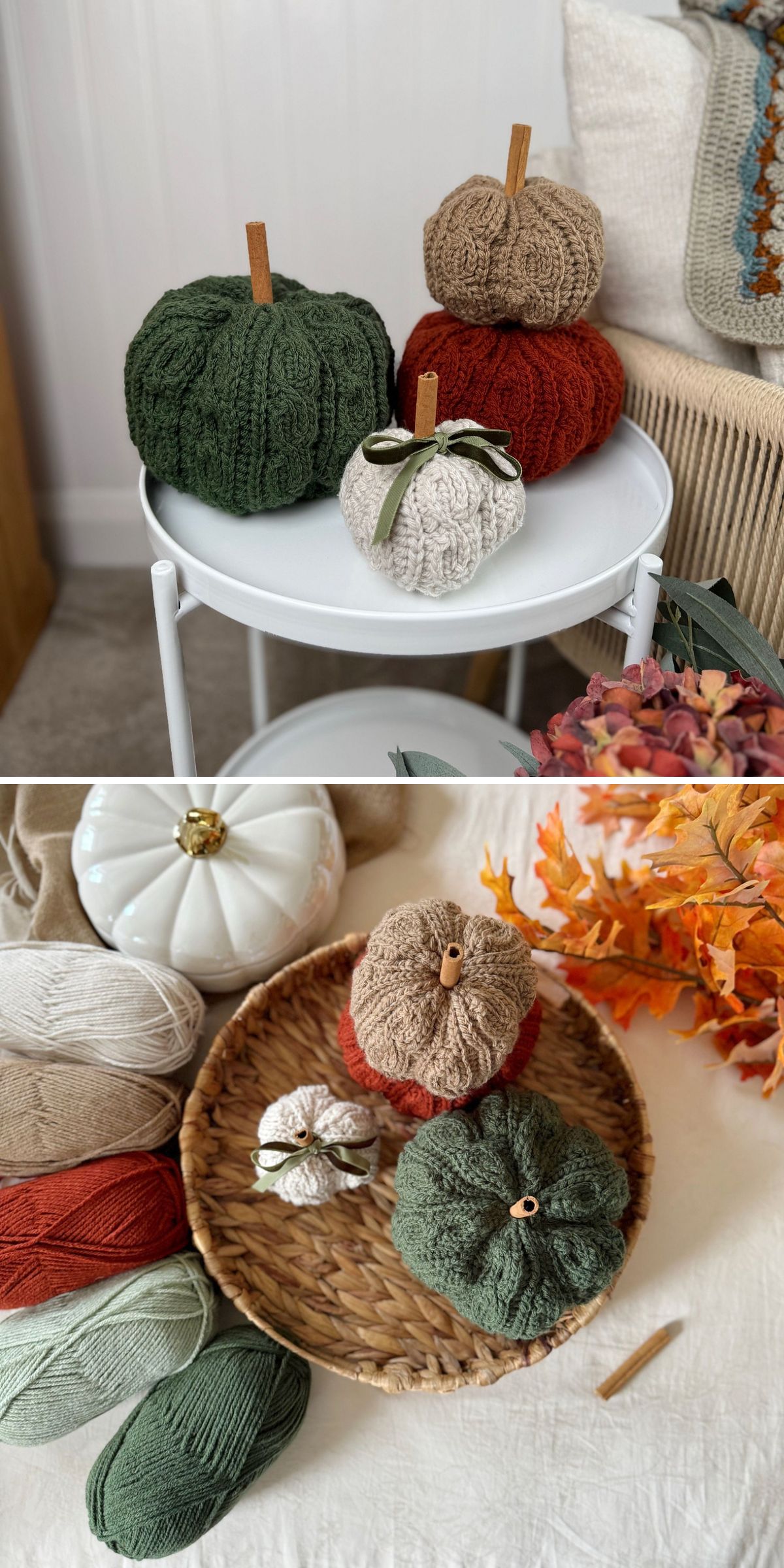a set of crochet pumpkins 