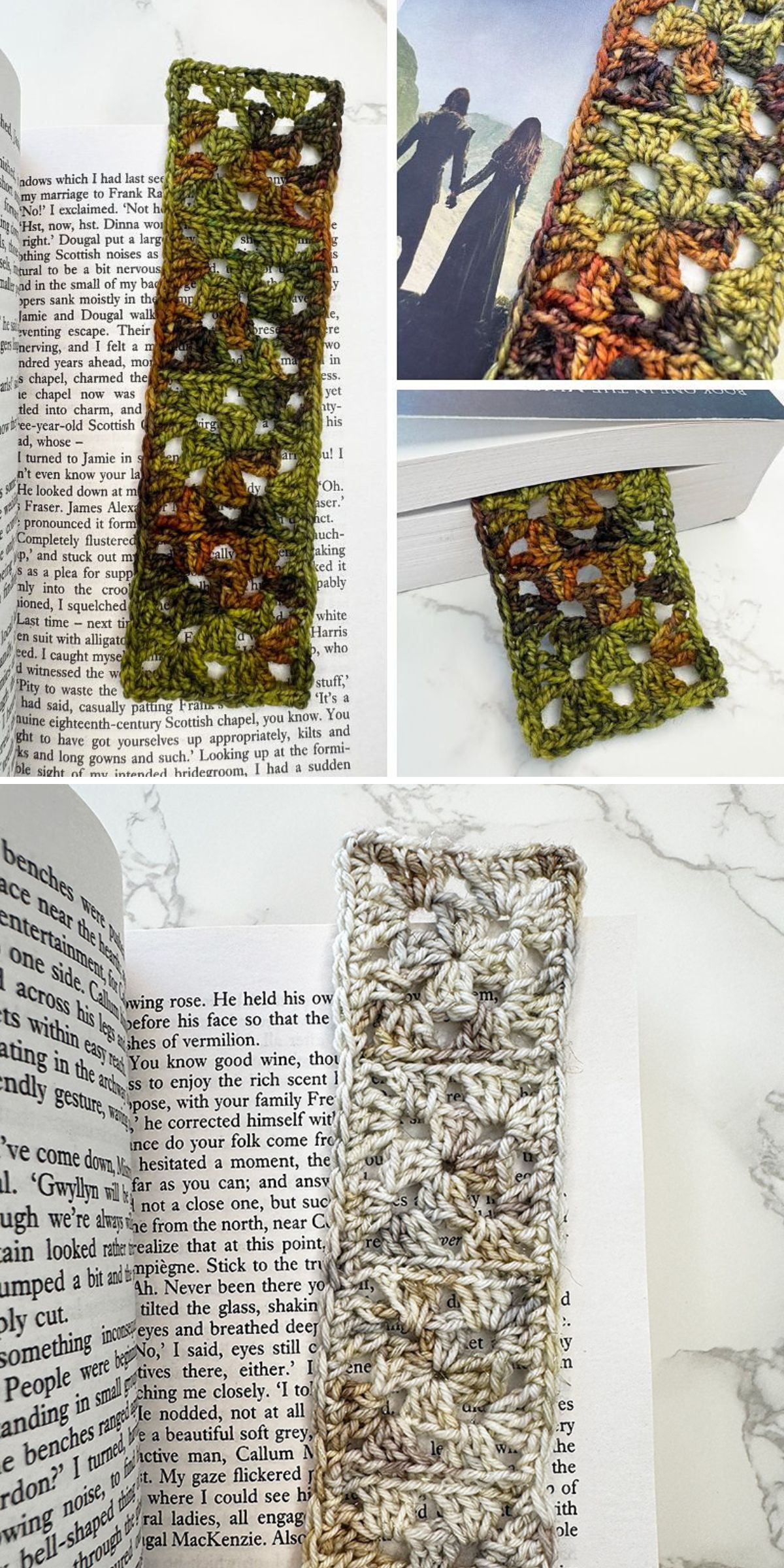 Four images showing crochet bookmarks in various colors placed on open books and a marble surface. Each crochet bookmark features a rectangular shape with a textured, patterned design.