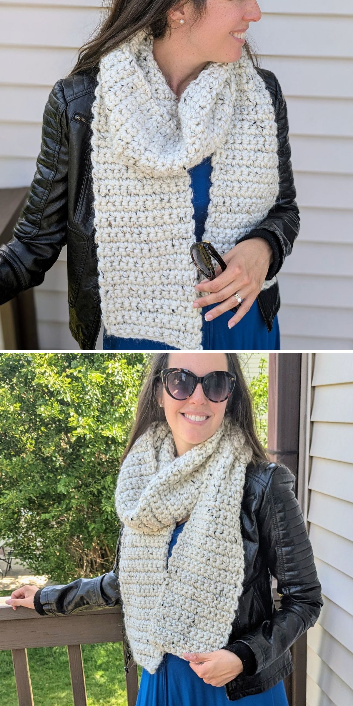 A woman wearing a black jacket and blue dress models a chunky white crocheted scarf, one of this season’s must-have Crochet Winter Accessories, outdoors in two different poses.