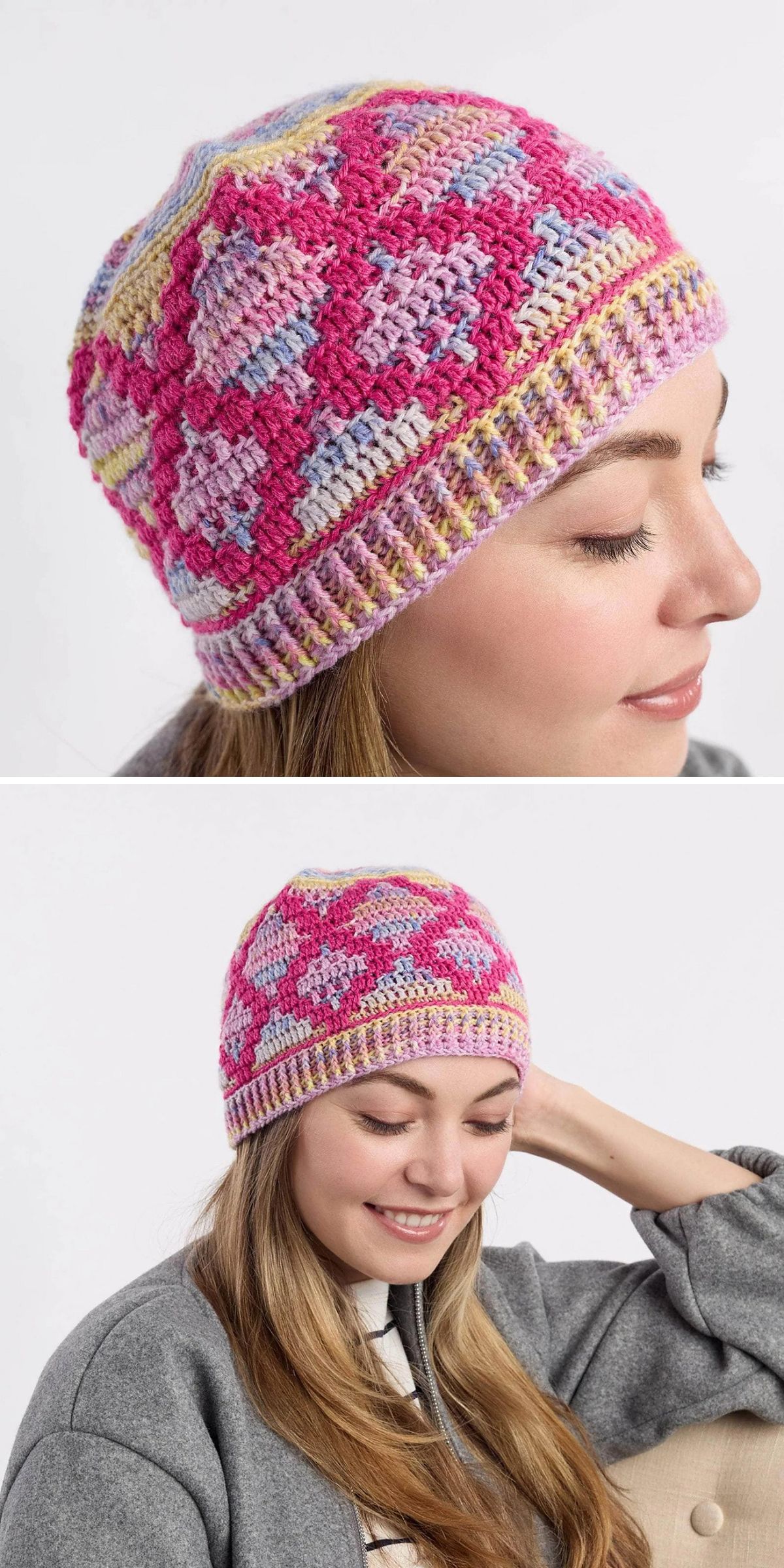 a crochet beanie with a pink mosaic design