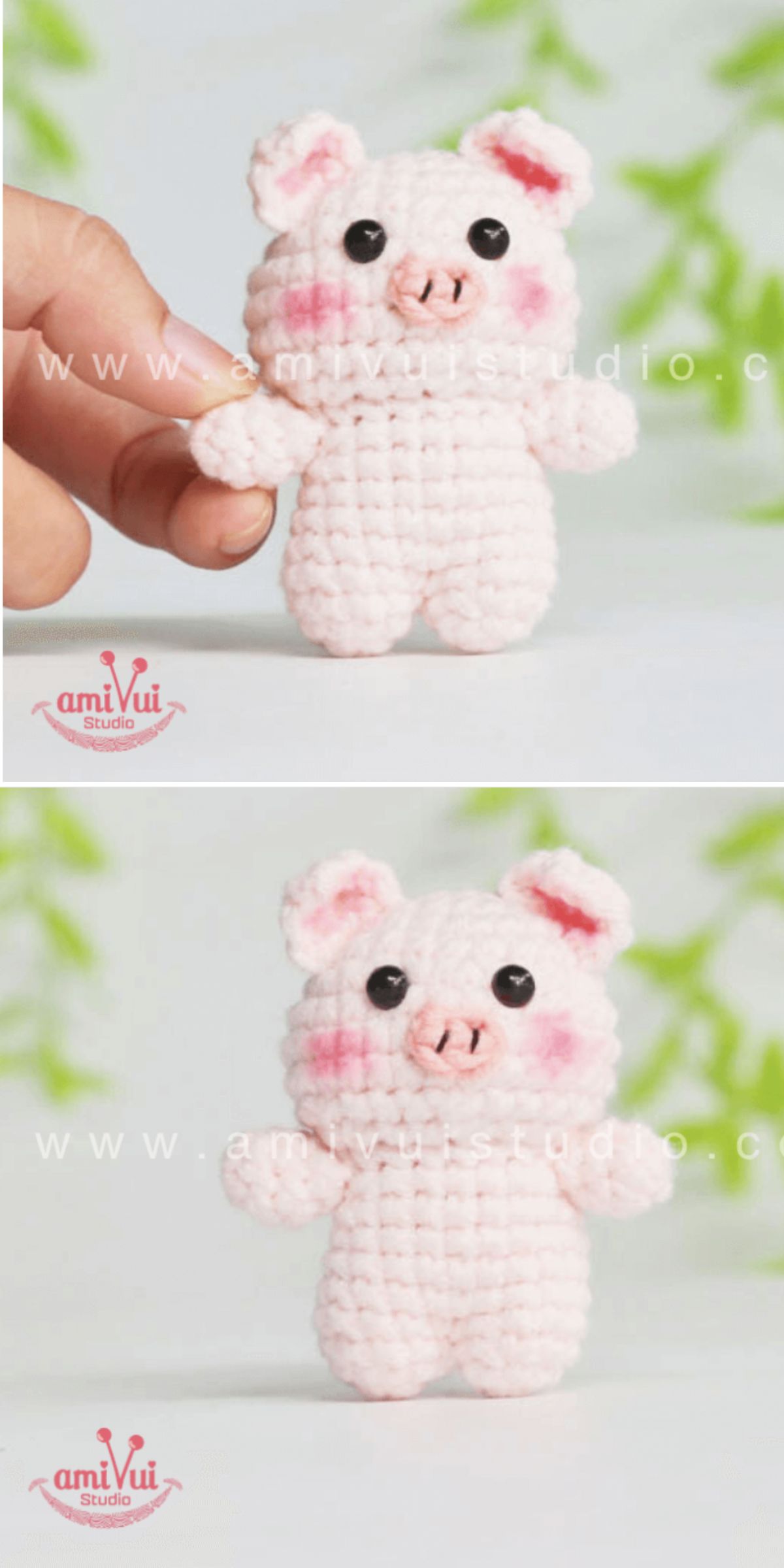 Two photos of a small crocheted pink amigurumi pig with blushed cheeks, standing upright; in one photo, a hand holds the pig, in the other, the pig stands alone.