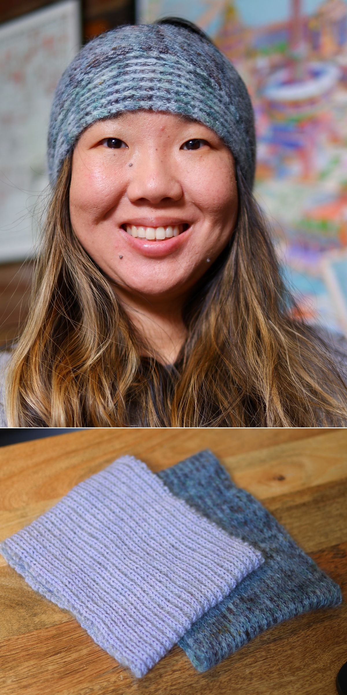 A woman wearing a knitted headband smiles at the camera; below, two knitted swatches in different colors are placed on a wooden surface.