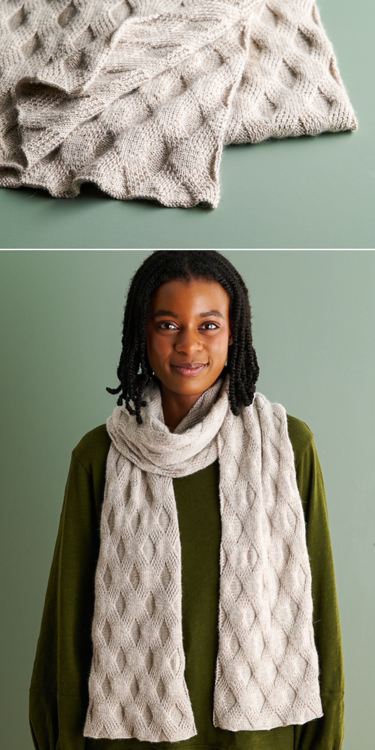a collage of two pictures: a part of knitted scarf closely showing it's texture and a smiling black woman presenting a white textured knitted scarf