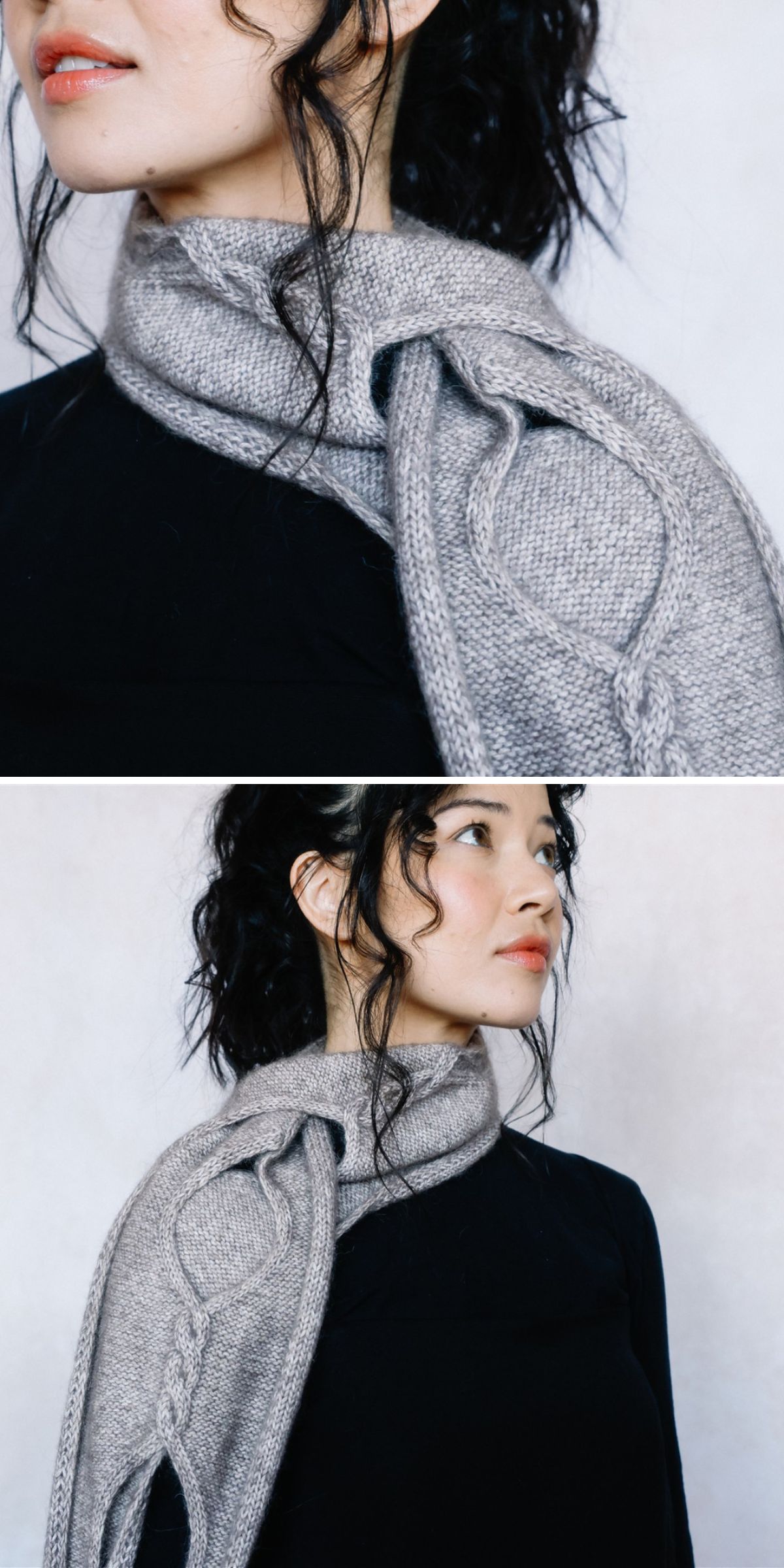 A person with dark hair wearing a light gray, cable-patterned scarf — perfect inspiration if you're looking for free knitting patterns for scarves — paired with a black top and shown from different angles.