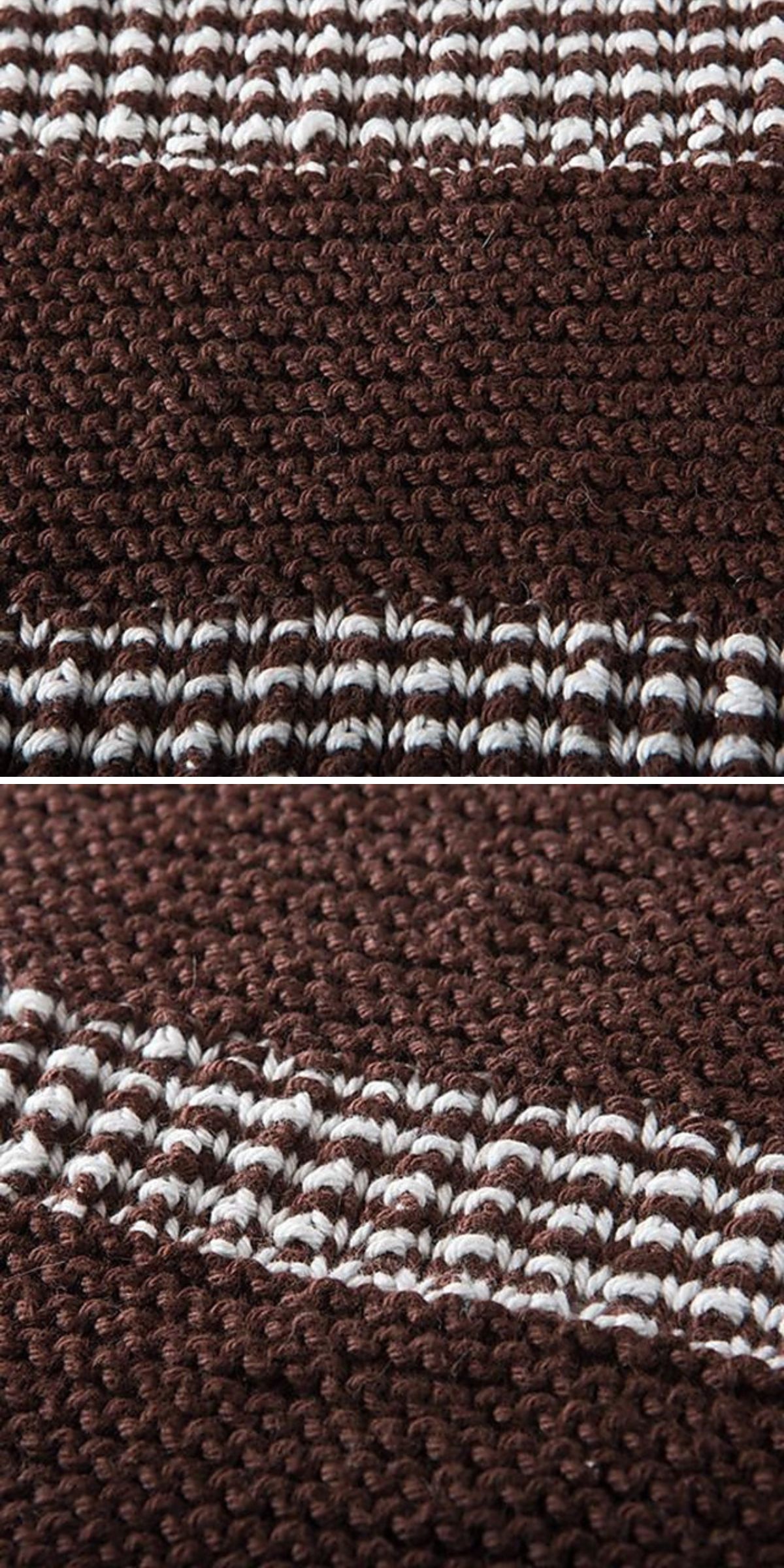 Close-up of a brown and white knitted dishcloth with horizontal stripes, highlighting the detailed texture and stitching pattern.