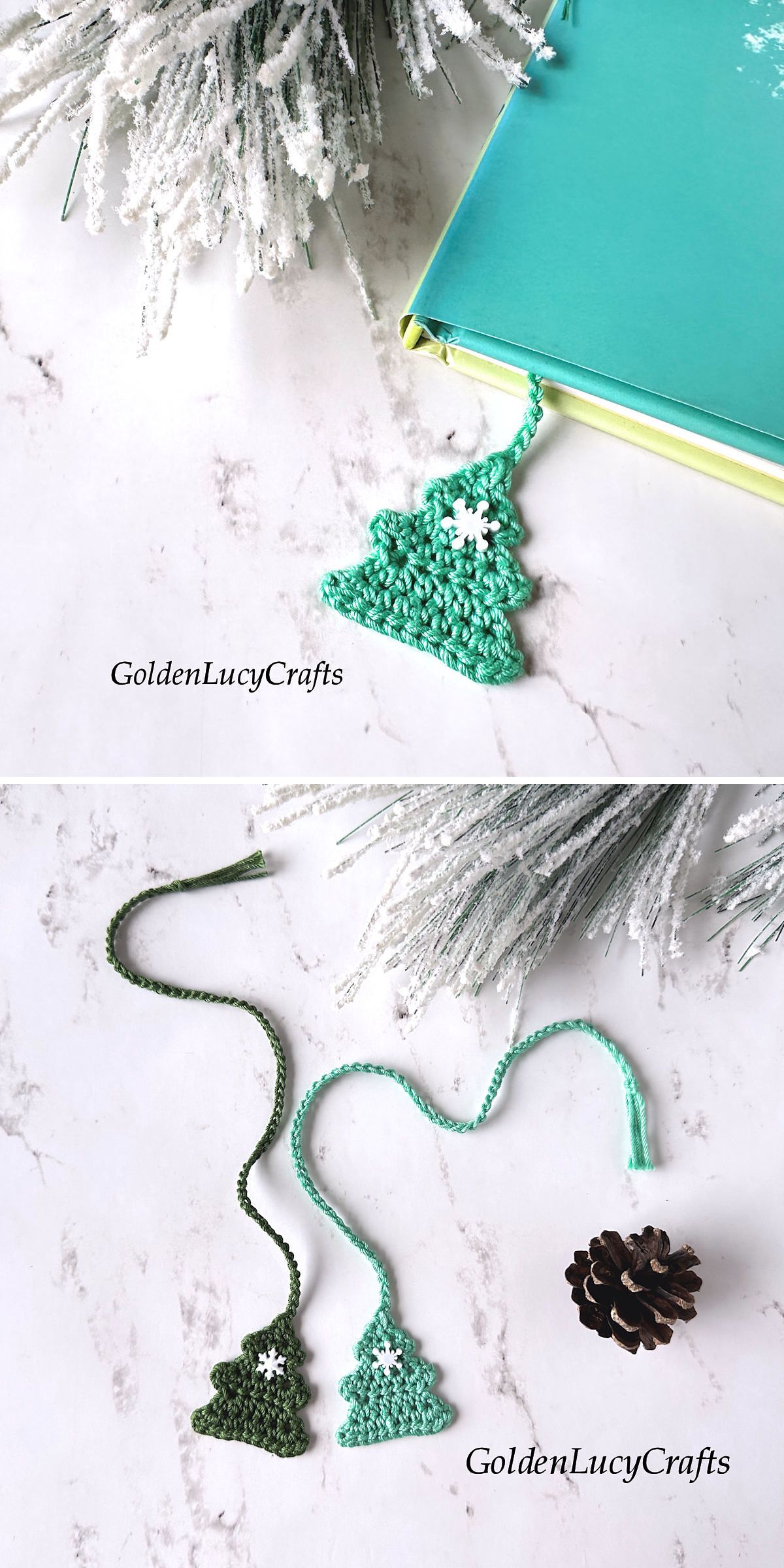 Crochet bookmark Christmas trees in green, adorned with white snowflake accents, are displayed on a marble surface alongside frosted branches, a teal book, and a pinecone.