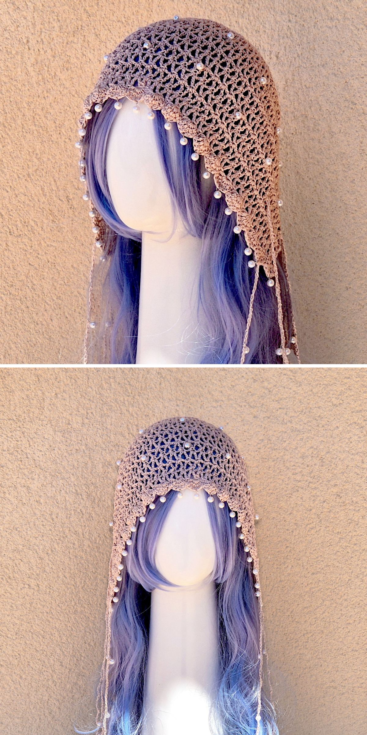 A mannequin with long, wavy, blue and lavender hair displays a beige, crocheted headscarf adorned with small beads along the edges.