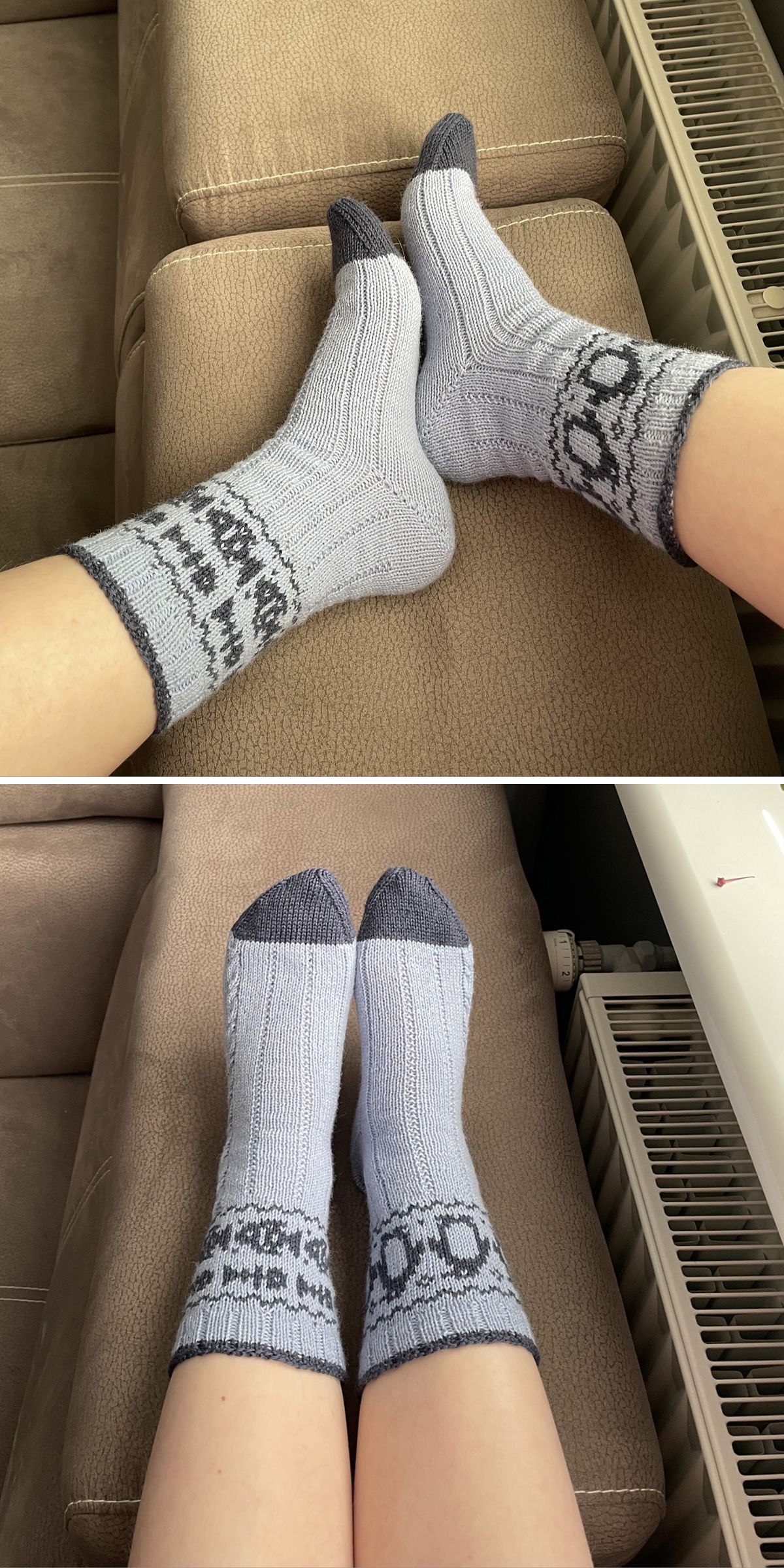 knitted socks with fish and penguin motifs running around below the cuffs
