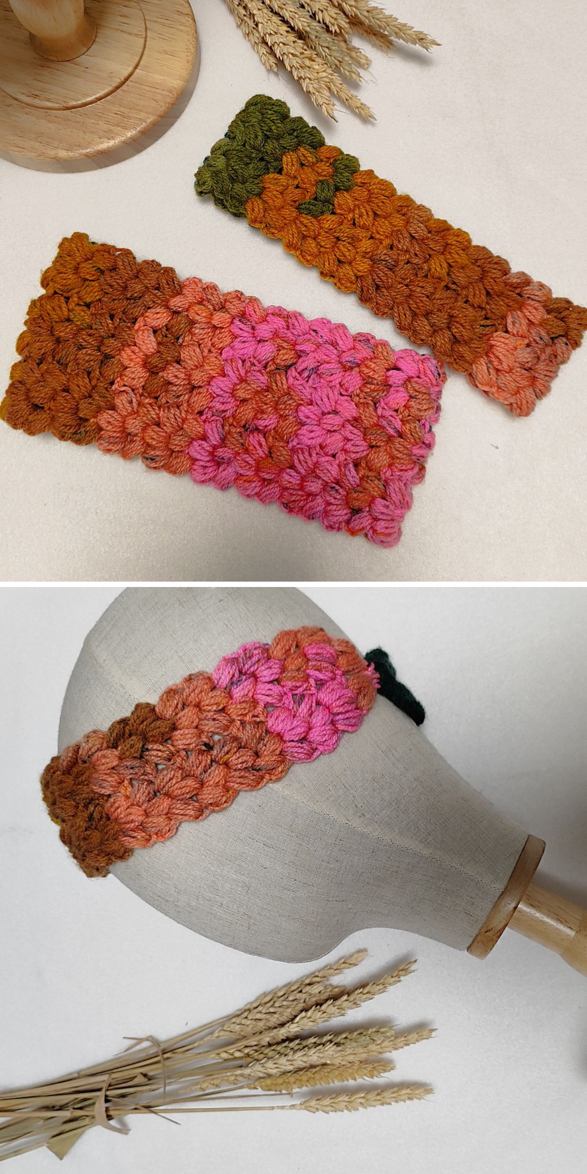 Two crochet headbands in autumn shades are displayed on a table; one crochet headband is shown worn on a mannequin head, with wheat stalks nearby.