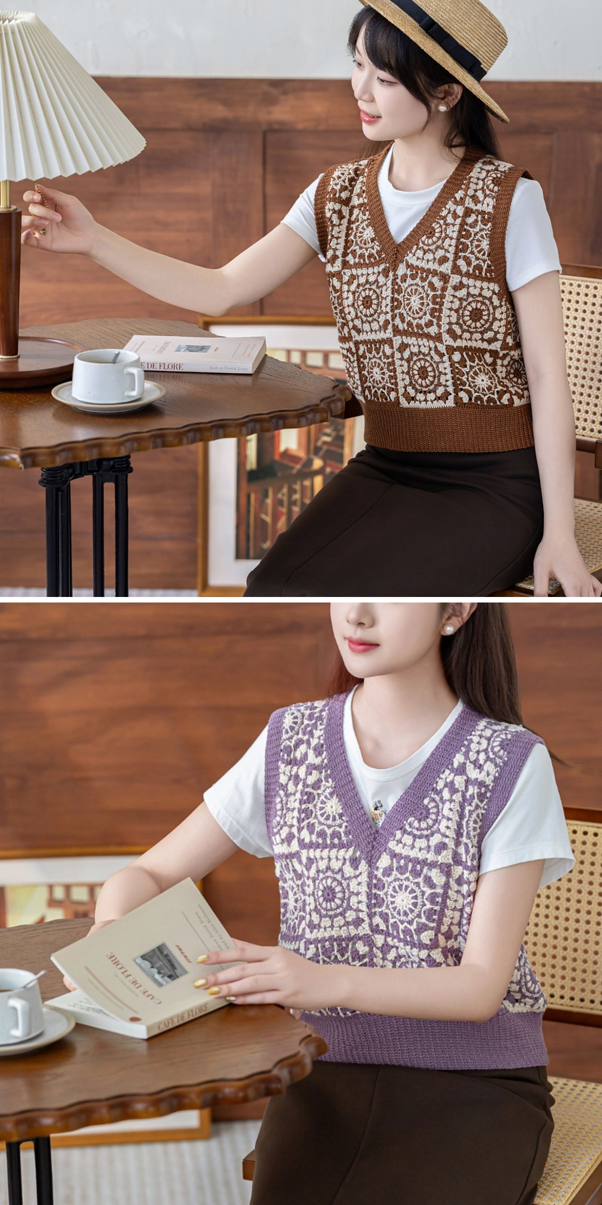 Two women sit indoors at a table, each wearing a white shirt under a patterned crochet vest — one brown, one lavender — while reading books and holding coffee cups.