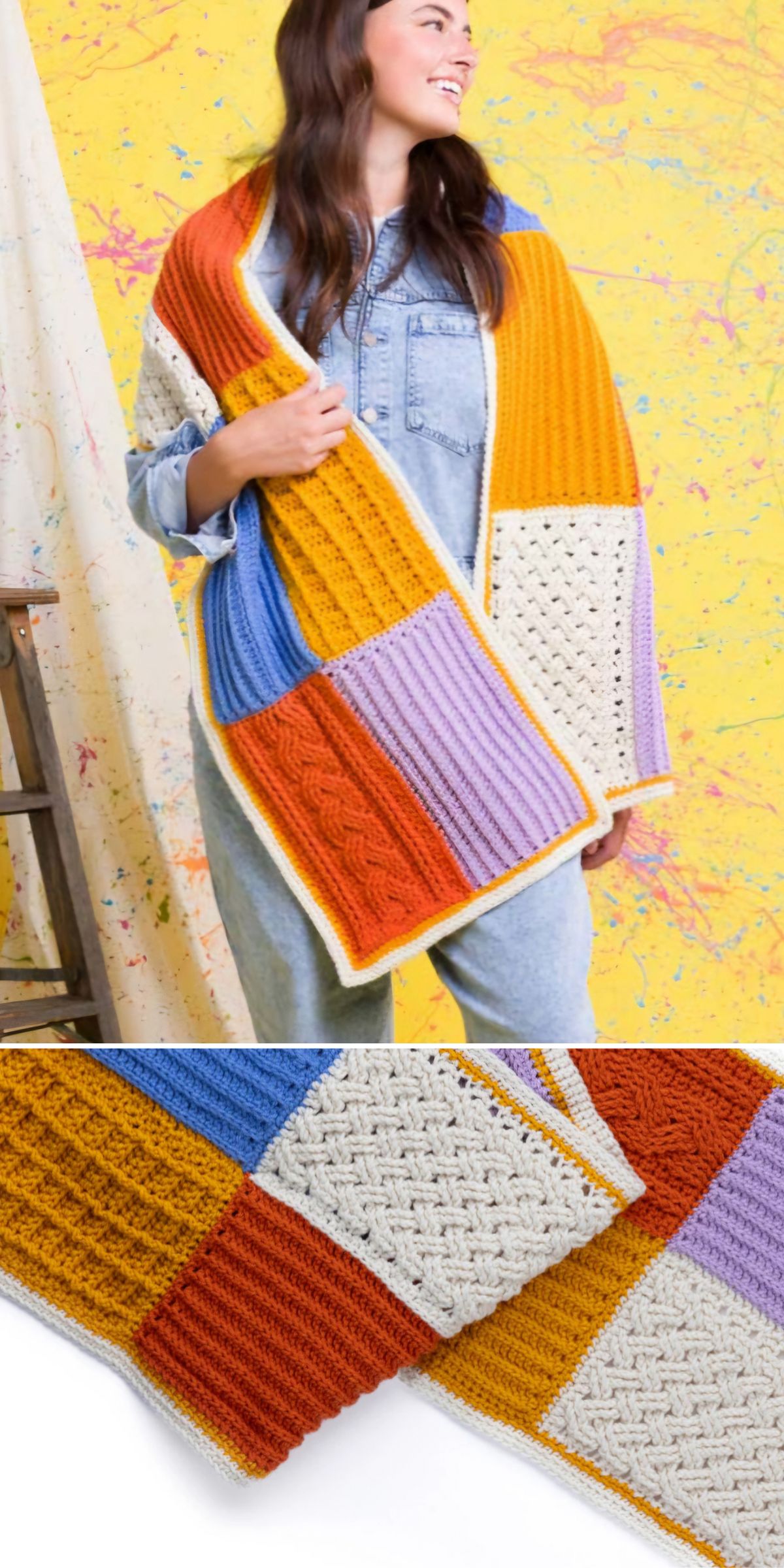 A person wearing a blue denim outfit and draped in chunky crochet scarf with large color blocks in orange, white, blue, red, and lavender stands against a yellow background.