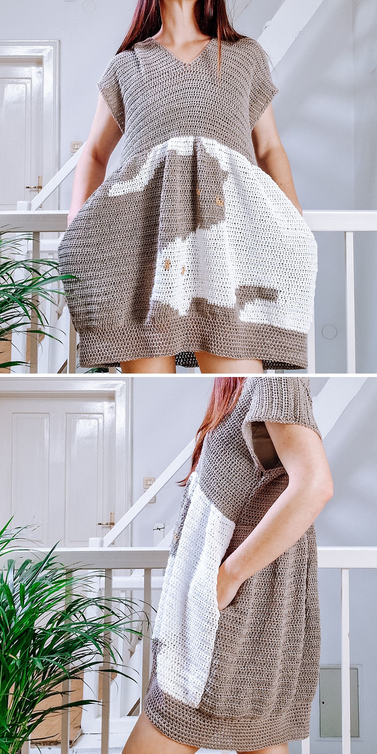 a crochet dress with short sleeves and pockets