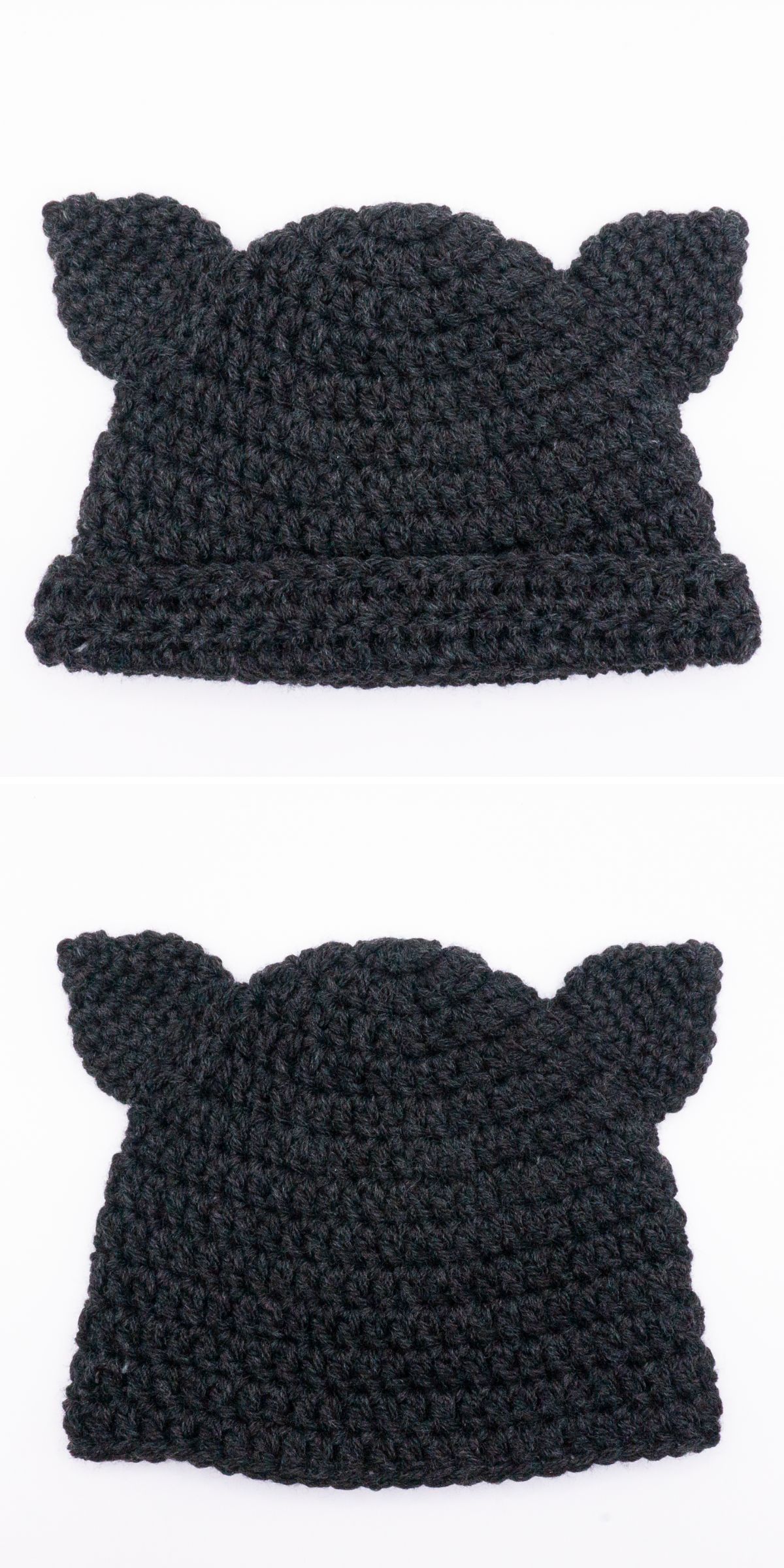 Two images of a black crocheted hat with two pointed ear-like shapes on top, shown from different angles against a white background — perfect inspiration for your next crochet cat hat pattern.