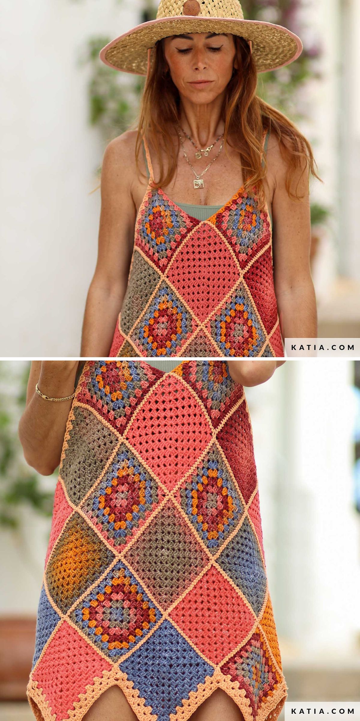 a colorful crochet dress made of granny squares