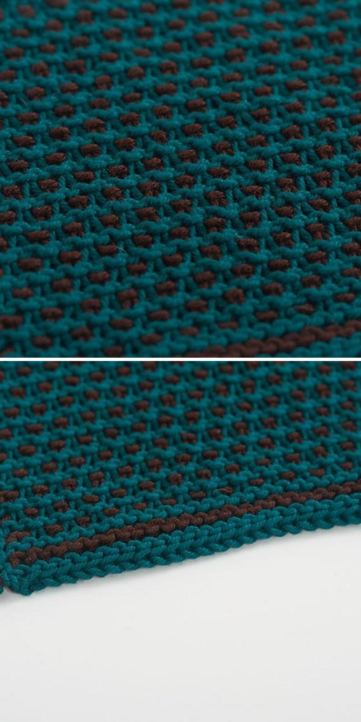 Close-up of a teal and dark brown knitted dishcloth with a honeycomb pattern, highlighting the edge and textured surface details.