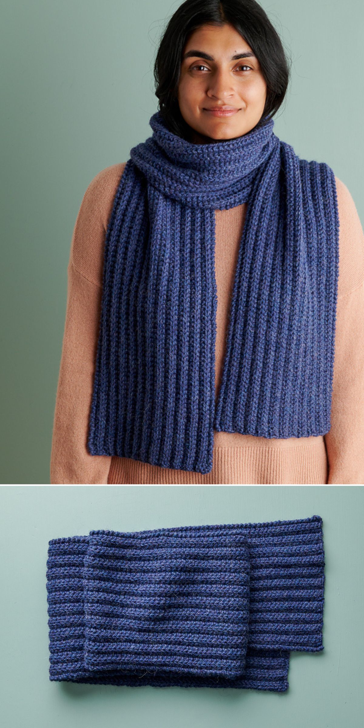a collage of two pictures: an arabic-looking woman wearing bulky knitted scarf in blue color and this scarf alone
