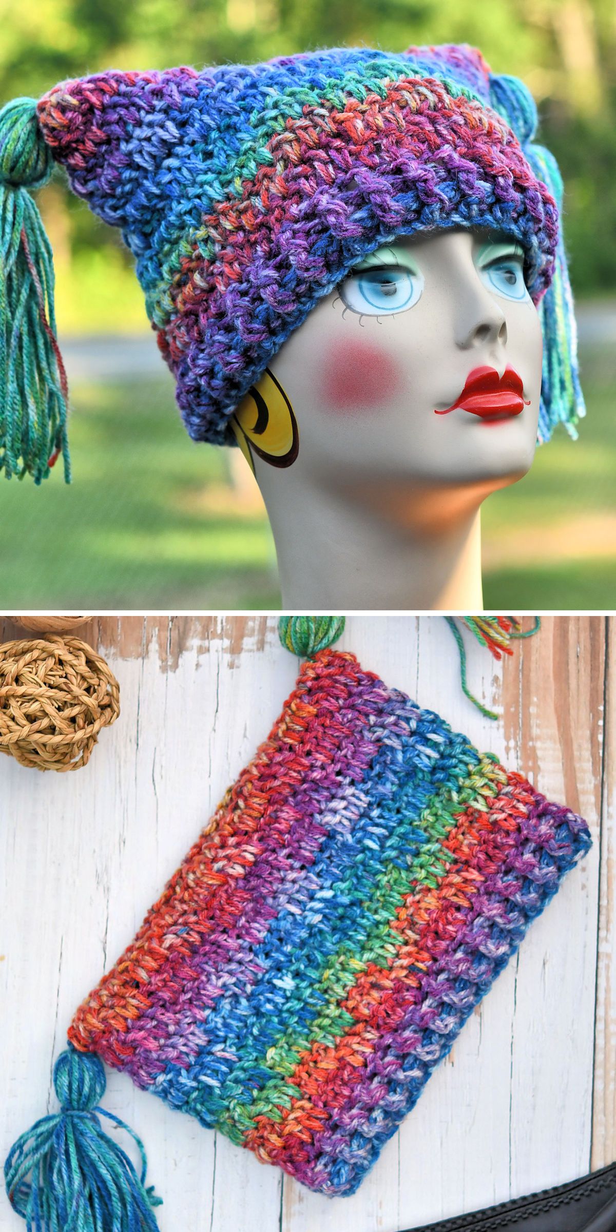 A colorful, hand-crocheted hat made with rainbow-variegated yarn and tassels on both ends is displayed on a mannequin and laid flat on wood β a vibrant example of creative crochet hat patterns.
