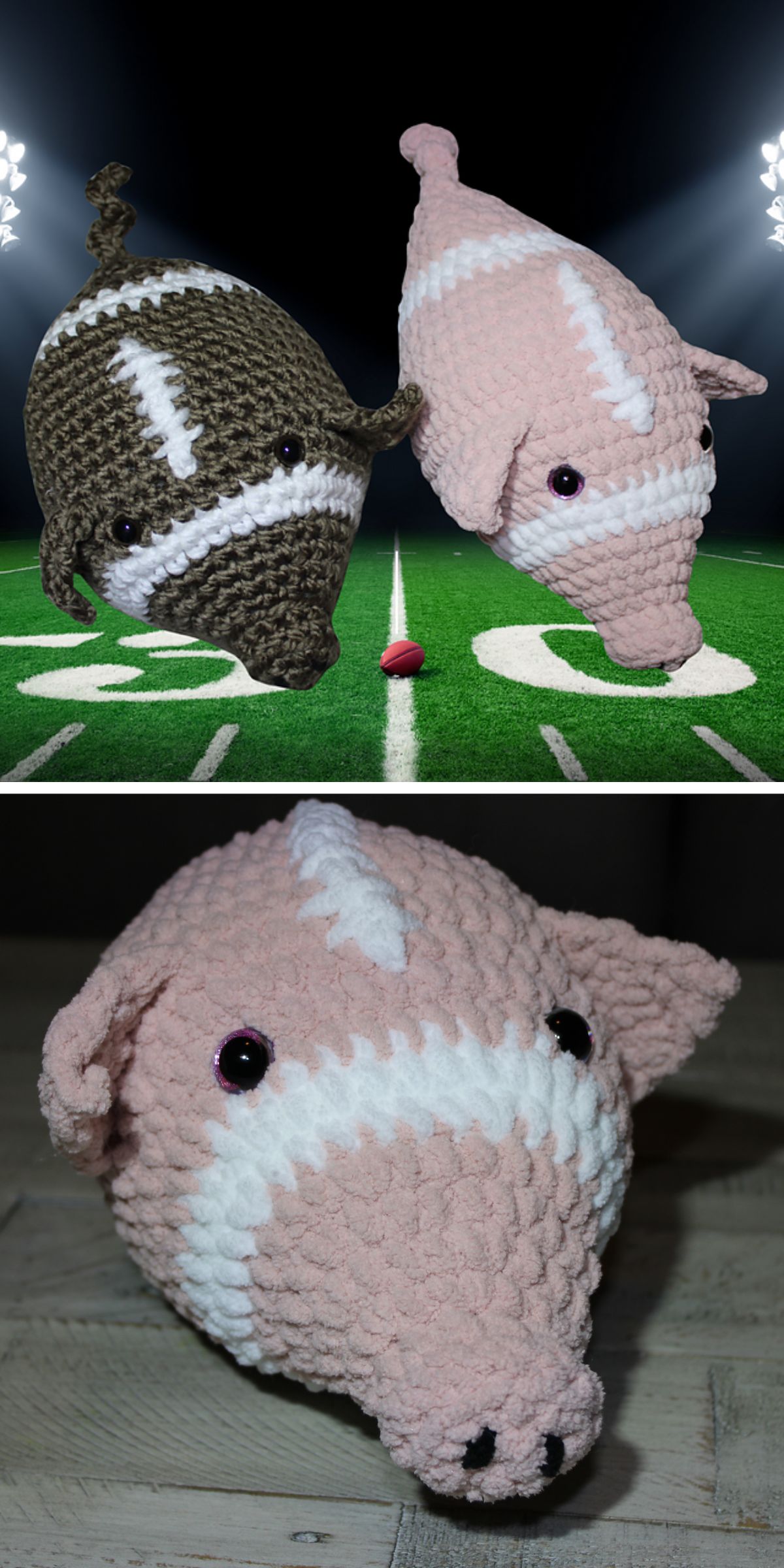 Two images: The top shows two amigurumi pigs crocheted as footballs on a stadium field; the bottom features a close-up of a pink pig football plush.