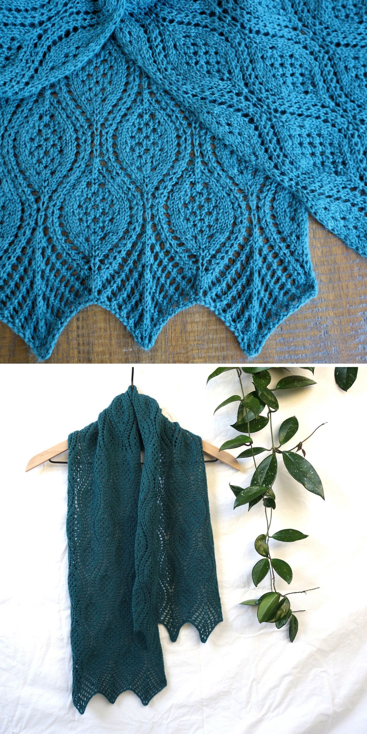 a collage of two photos of a lacy knitted scarf