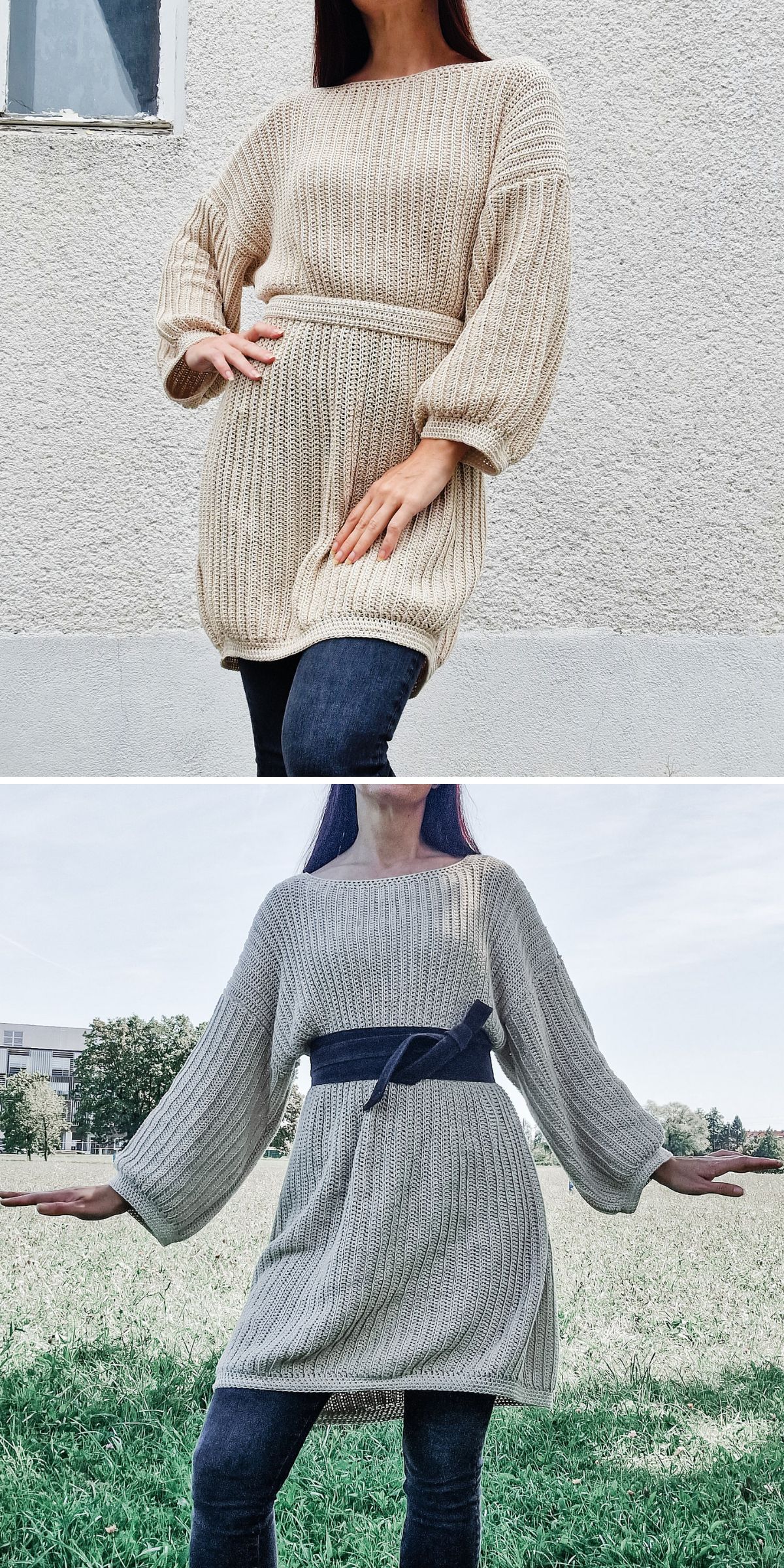 Two images show a person wearing a beige crochet sweater dress; in the top image, the sweater is unbelted, while in the bottom, it’s styled with a dark belt at the waist over a crochet dress for added texture and detail.