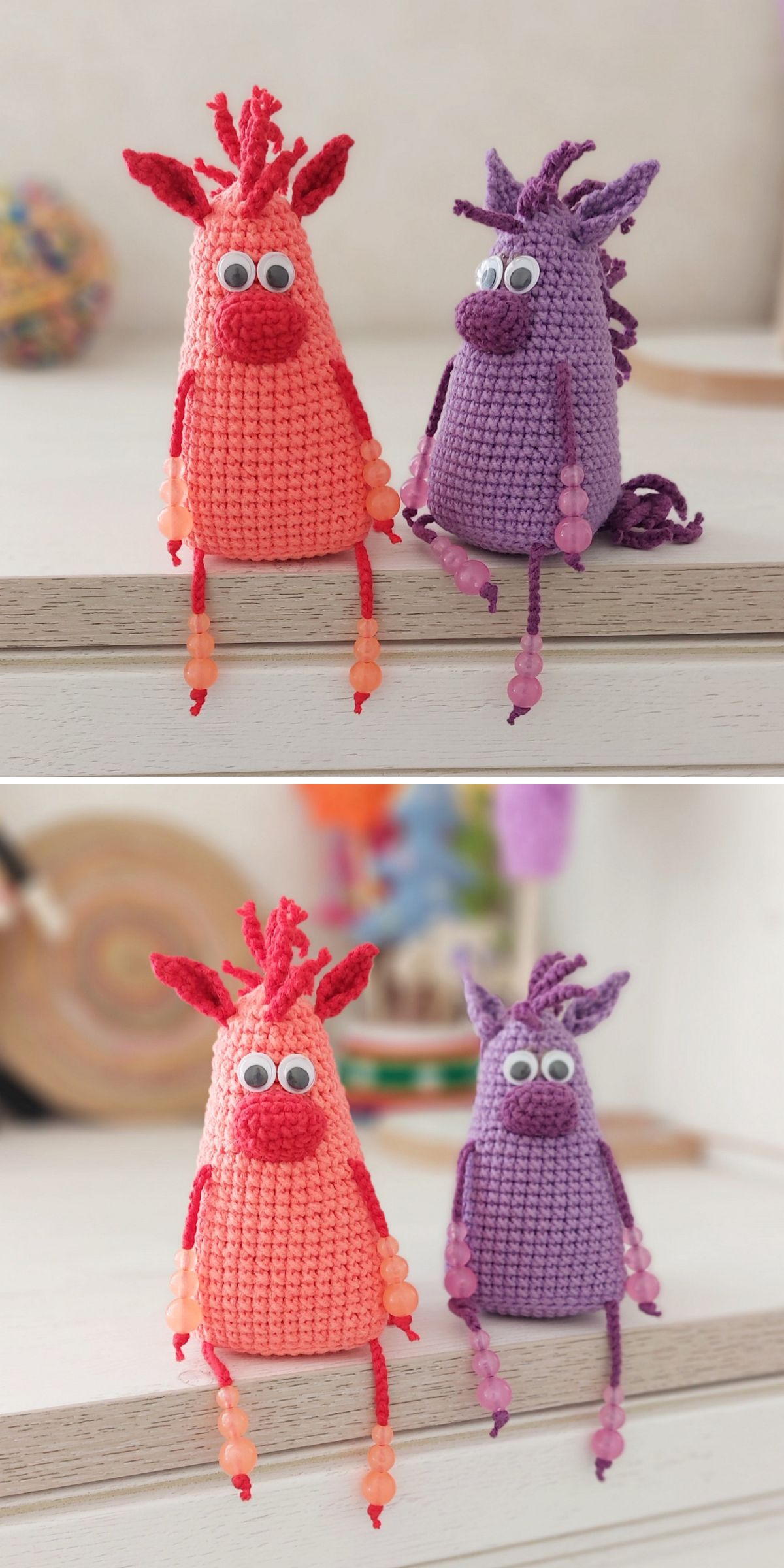Two crocheted dolls, one red and one purple, with googly eyes, sit side by side on a shelf. Both have beaded limbs and textured yarn hair, resembling playful crochet horse amigurumi characters.