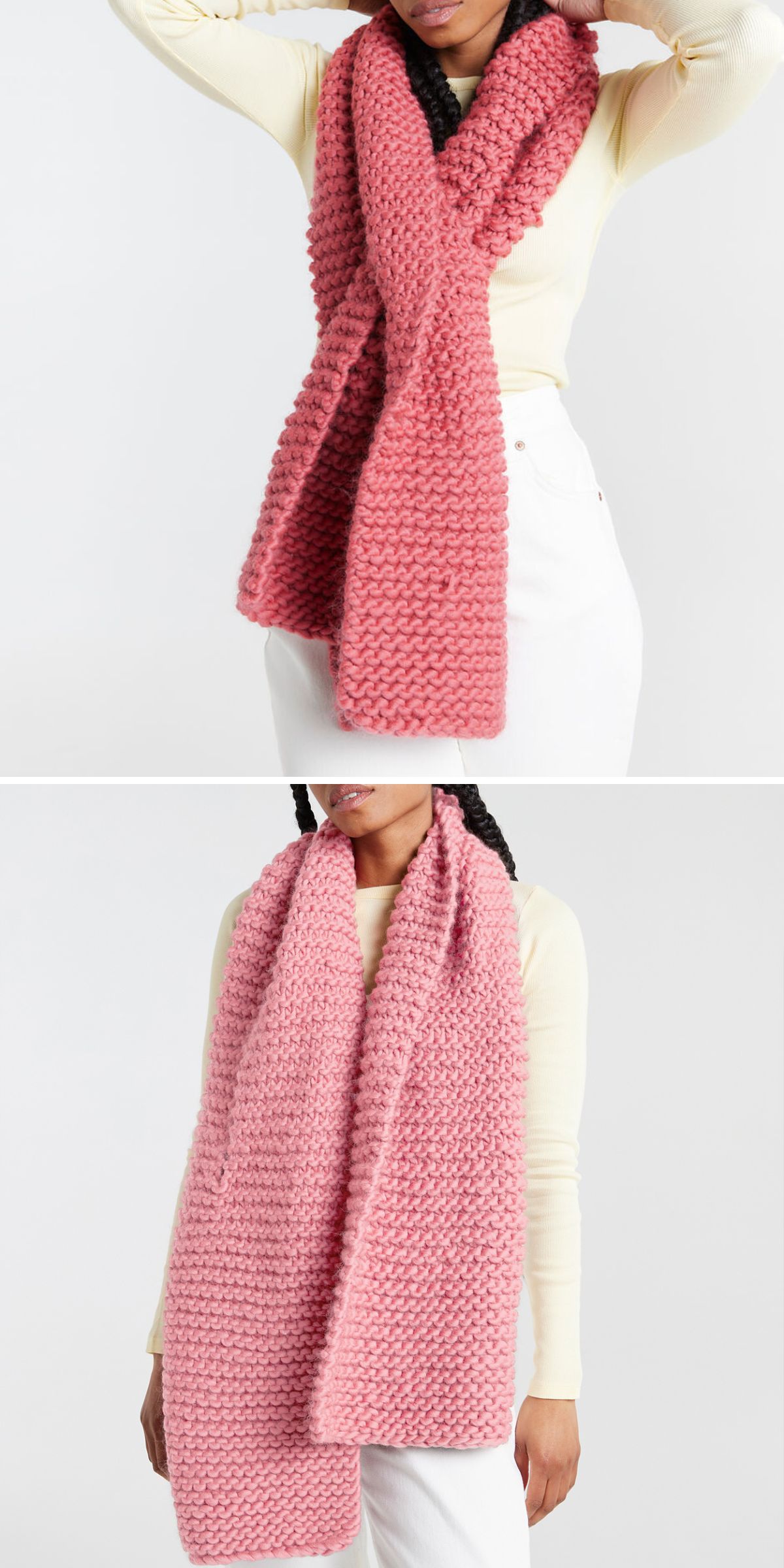 A person wearing a textured, chunky-knit pink scarf — perfect inspiration for those seeking free knitting patterns for scarves — over a light-colored long-sleeve top and white pants.