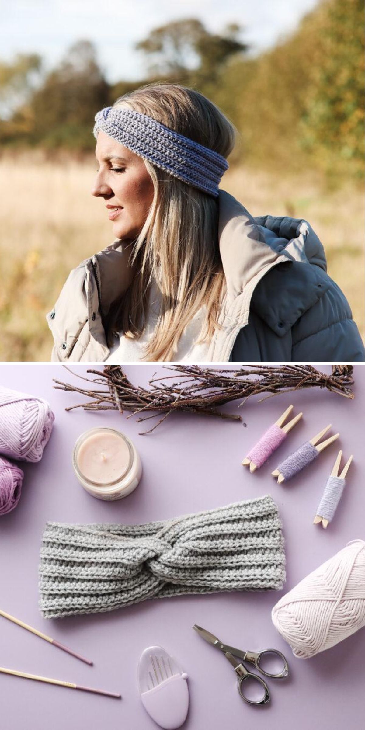 a grey crocheted headband