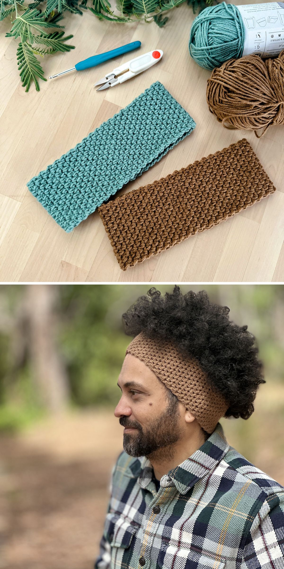 A crochet headband in brown is displayed on a table with tools and yarn, then seen outdoors worn by a man over curly hair.