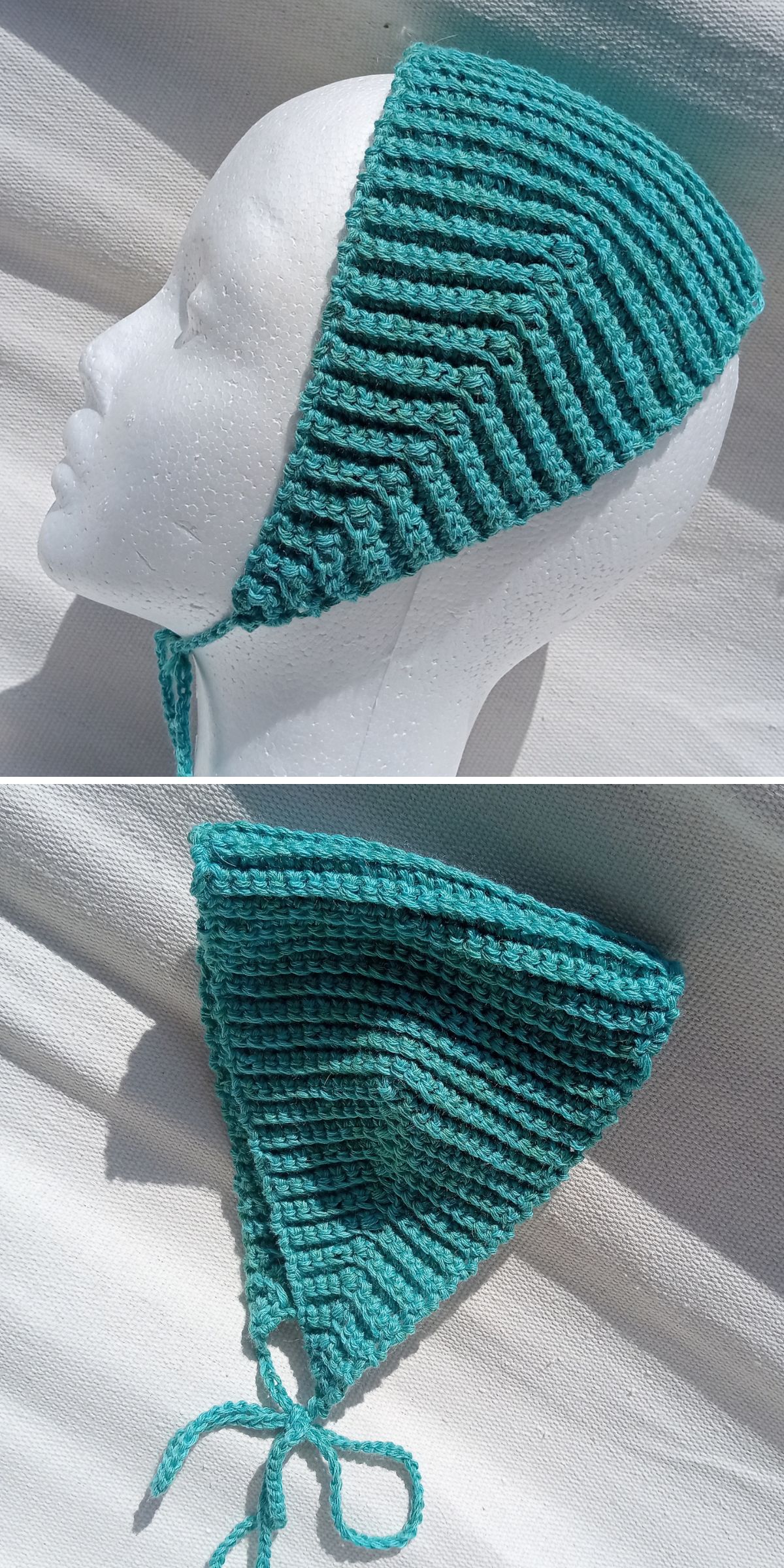 A mannequin head displays a teal, ribbed, hand-crocheted bonnet with ties under the chin; second image shows the bonnet laid flat next to a matching crochet headband, both highlighting their textured patterns.