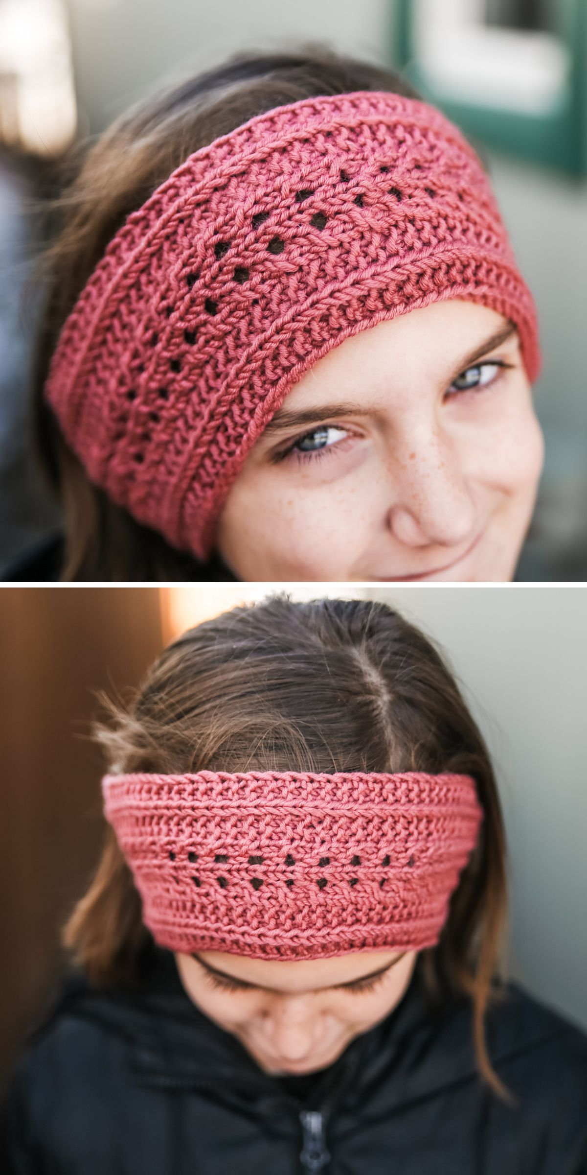 A person wears a wide, pink crocheted headband with a decorative openwork pattern, shown from the front and back.