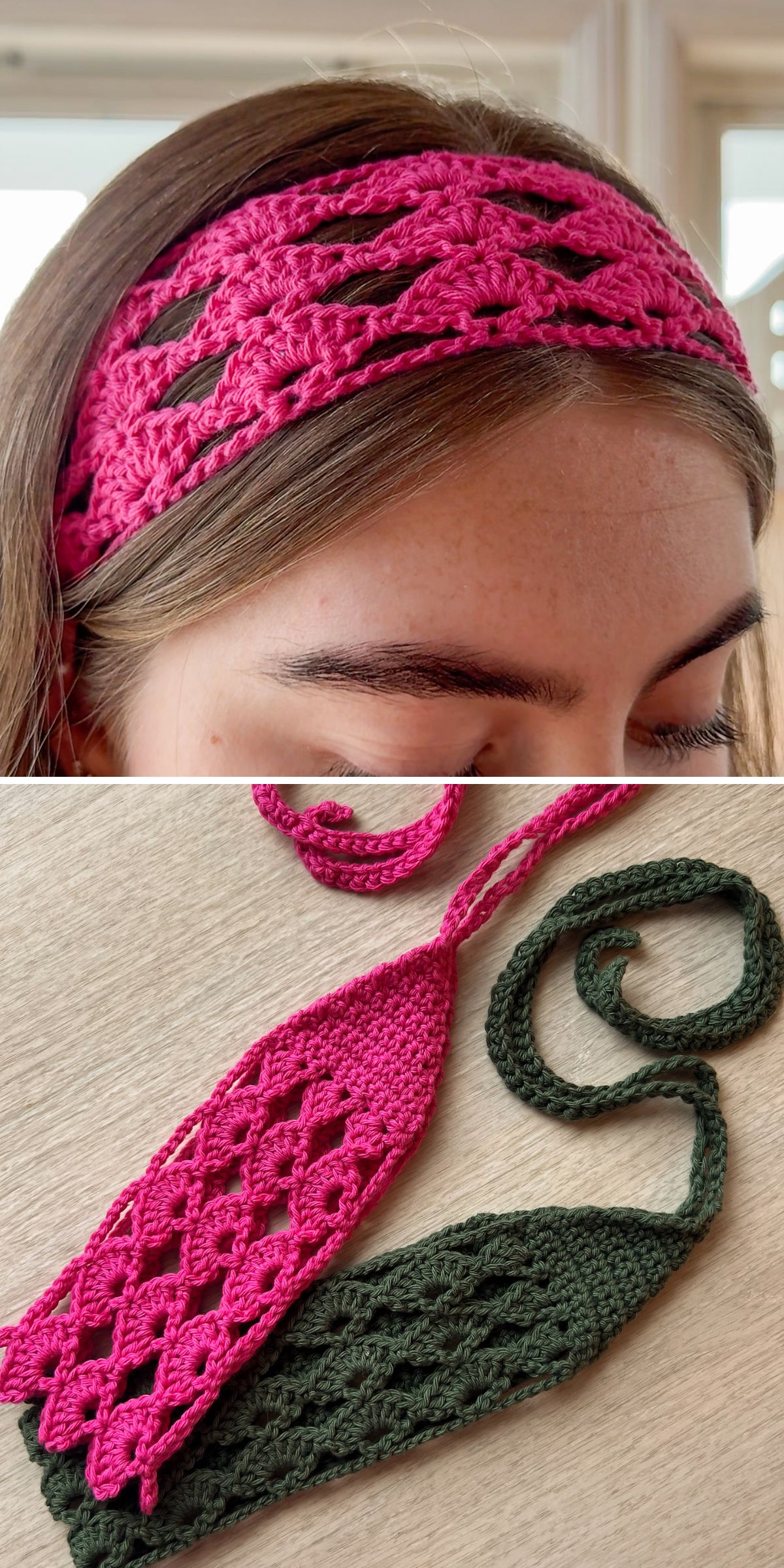 A person wears a pink crochet headband with a lacy pattern; below, pink and green crochet headbands with ties are displayed on a flat surface.
