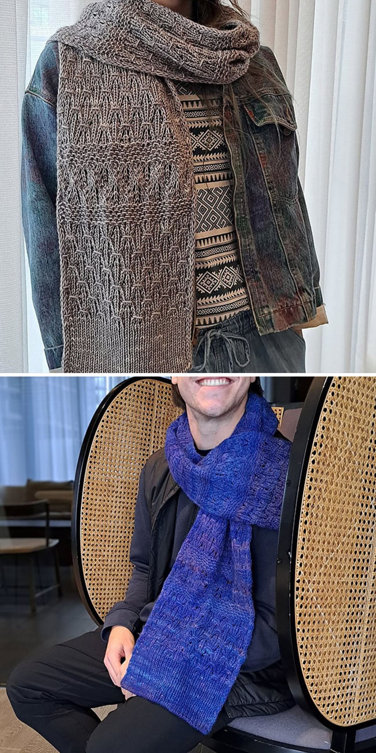 Two people wearing knit scarves: one gray with a textured pattern over a denim jacket, and one blue with a subtle pattern over black — each showcasing styles you can create using free knitting patterns for scarves.