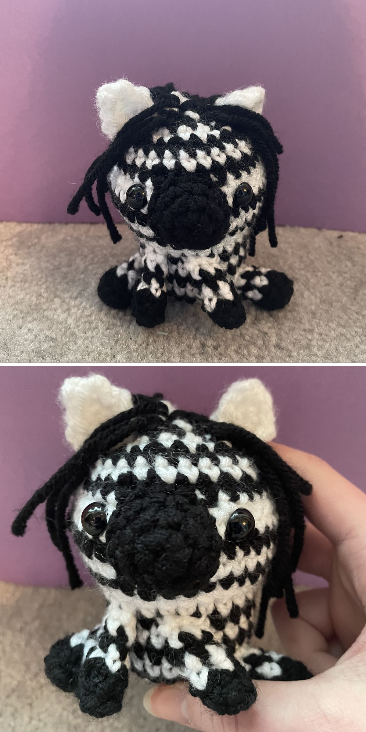 Two photos of a small crochet horse amigurumi zebra with black and white stripes, black button eyes, white ears, and a black yarn mane, shown sitting on a gray surface against a purple background.
