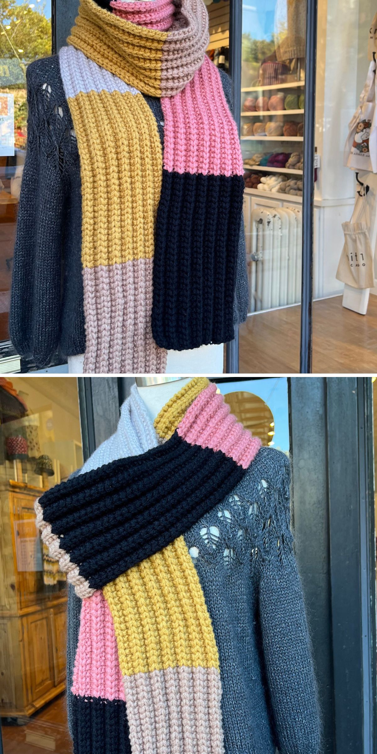 a collage of two photos of a bulky striped knitted scarf on mannequin