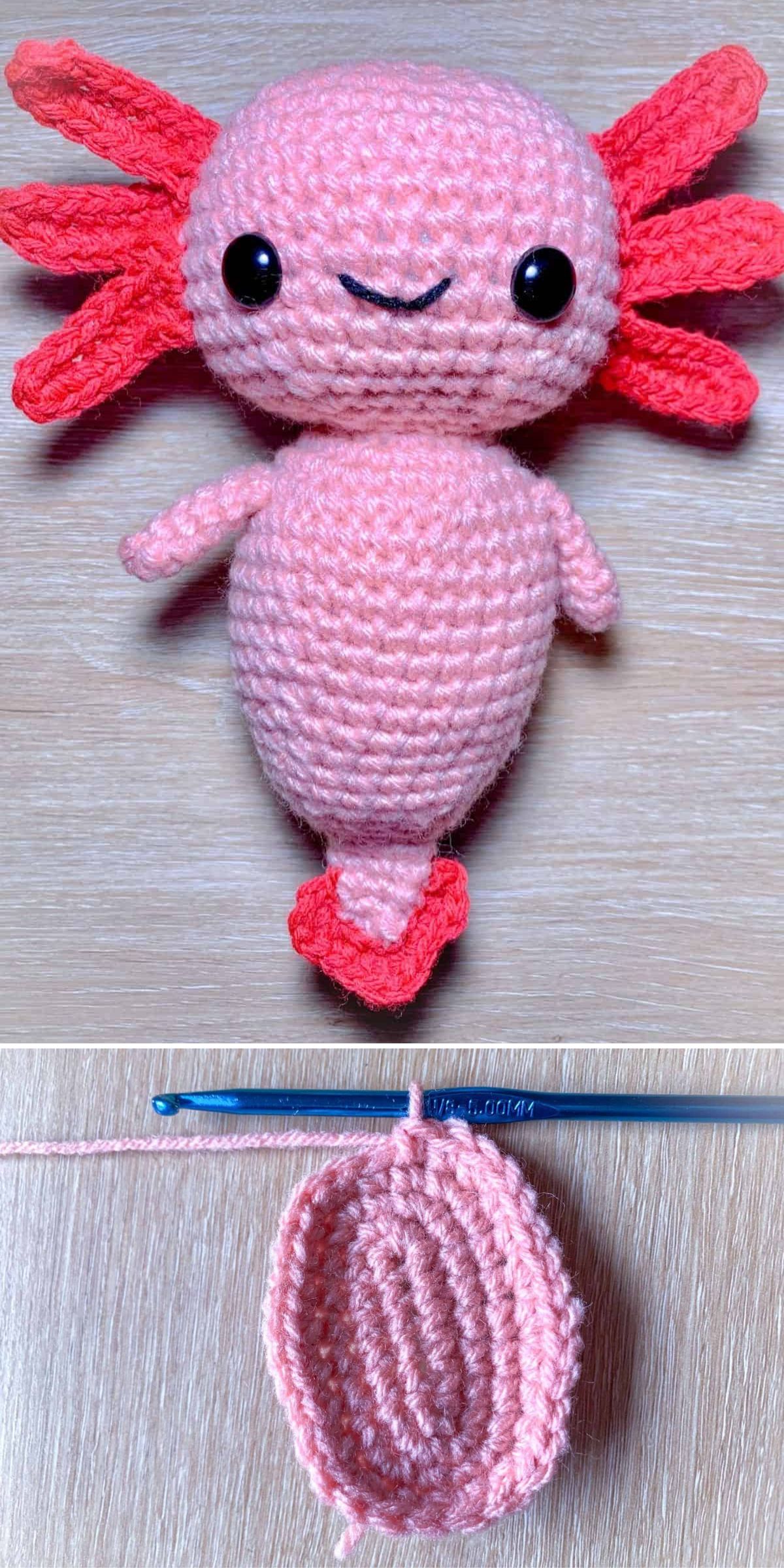 A crochet axolotl plush in pink with red gills is shown above, while in-progress crochet work with a hook appears below.