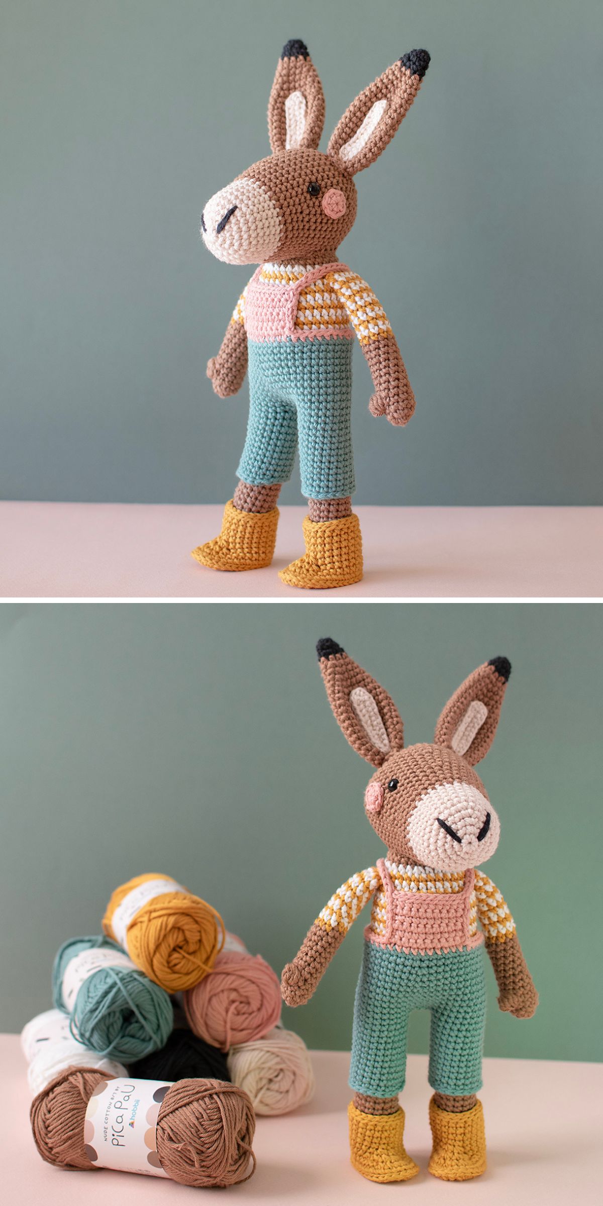 a crochet donkey doll dressed in clothes