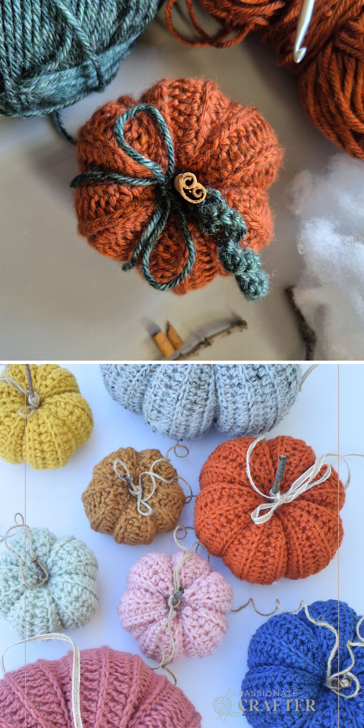 Several crochet pumpkins in various colors, some decorated with yarn leaves and twine bows, are displayed on a flat surface alongside balls of yarn.
