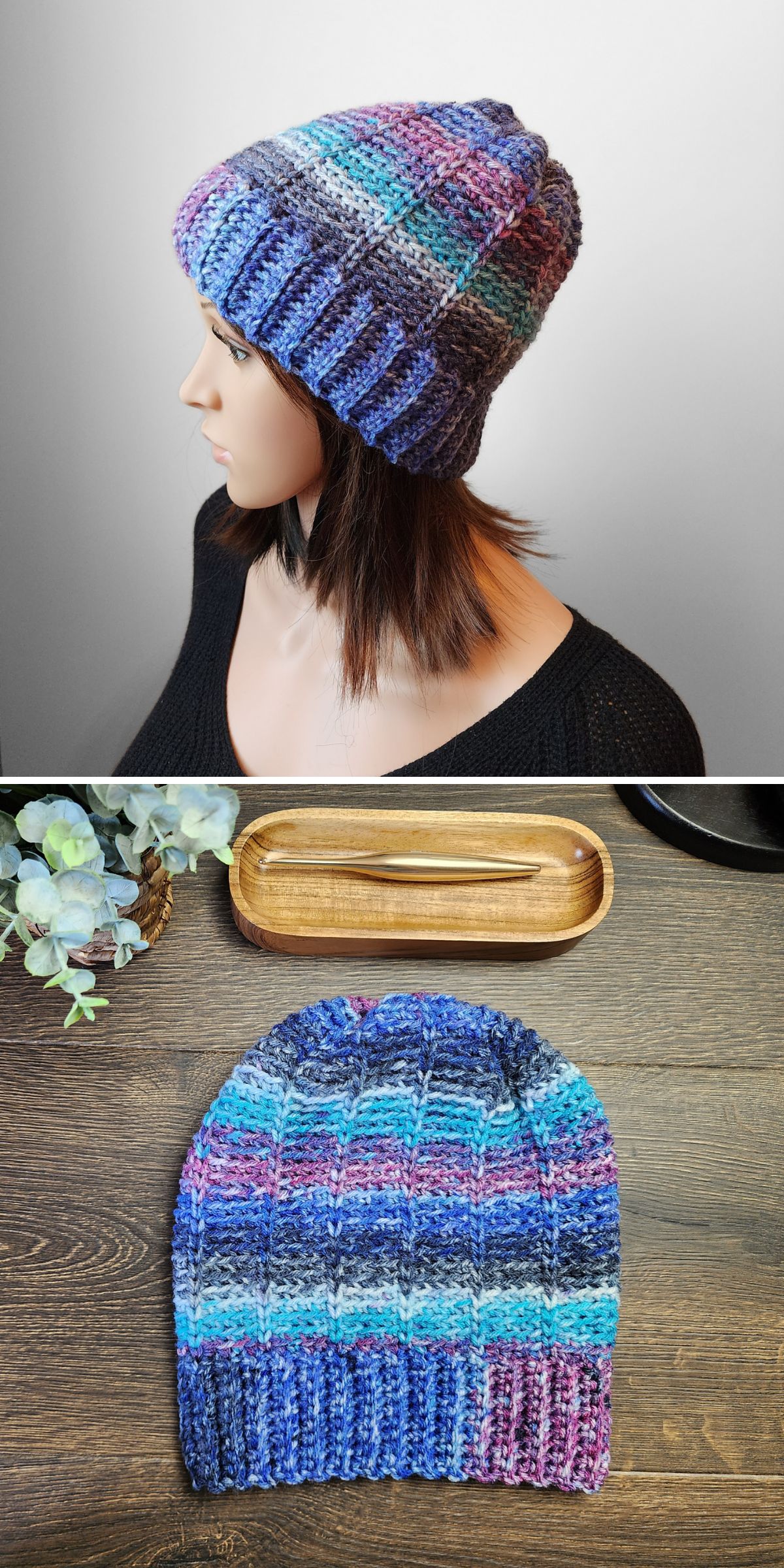 a crochet multicolored hat