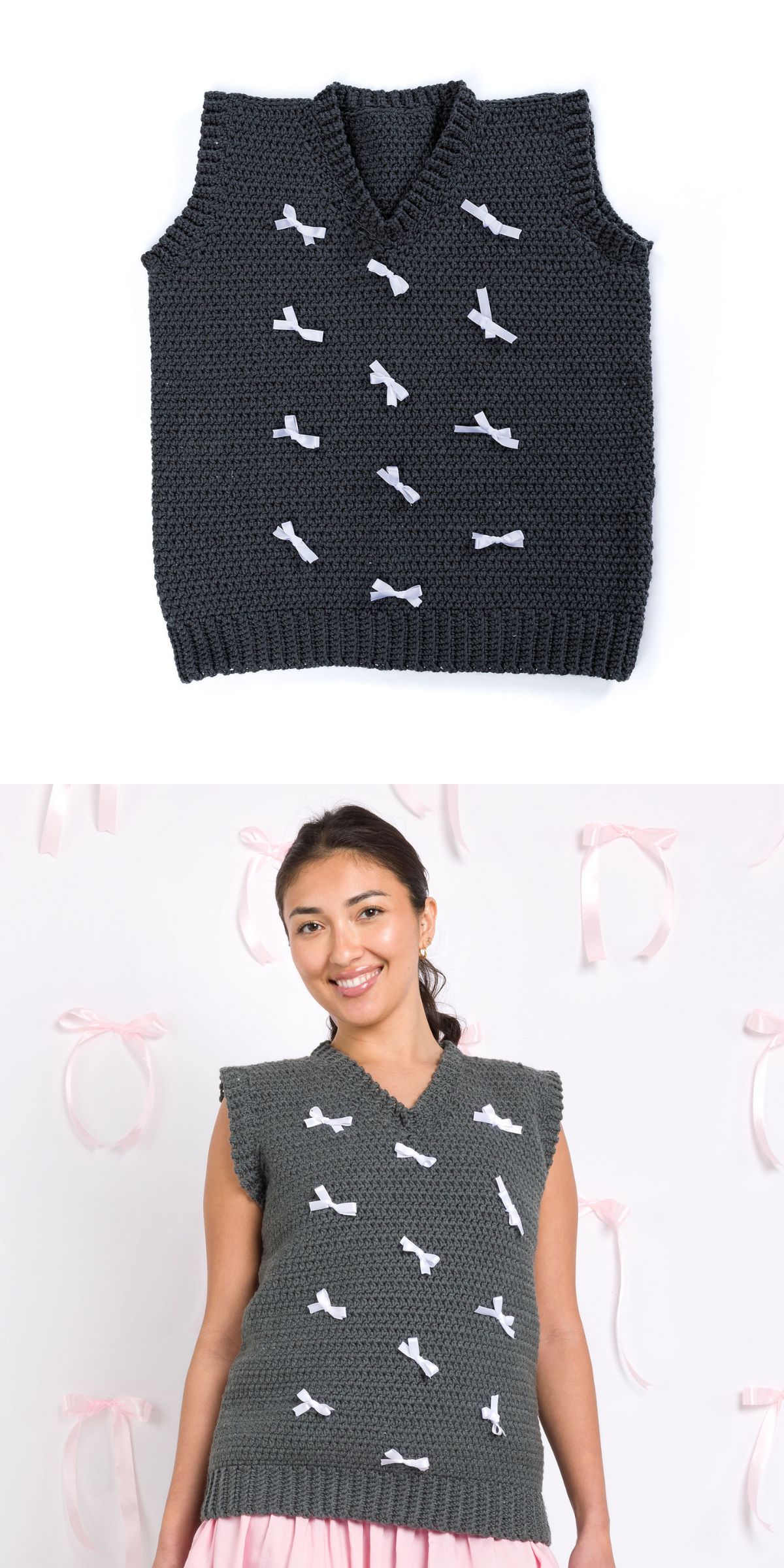 A dark gray crochet vest with a V-neck, detailed with small white bows and airplane shapes, shown flat and worn by a smiling woman.