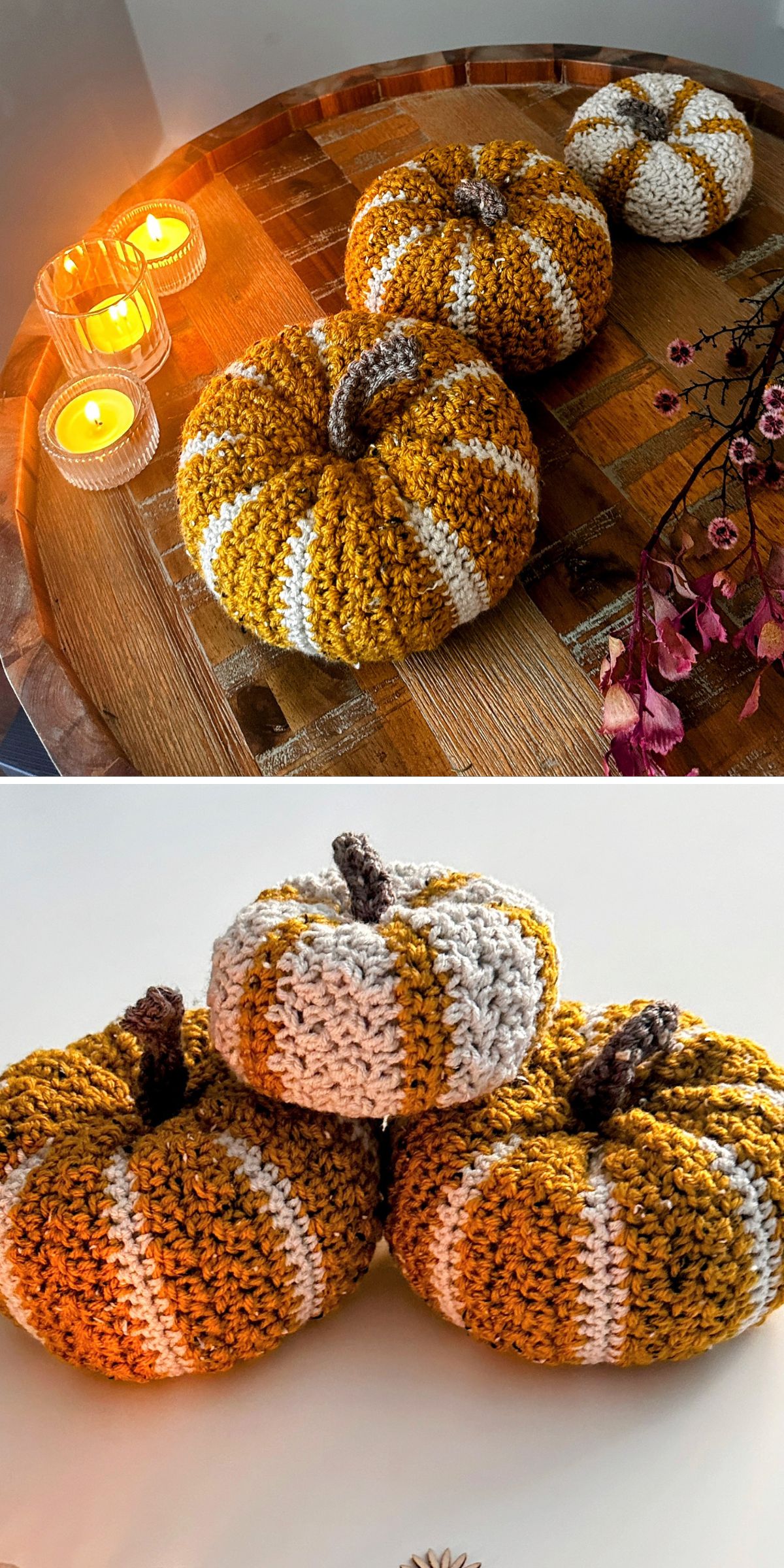 Three crochet pumpkins made with yellow, white, and brown yarn are displayed on a wooden surface next to candles and dried flowers. The bottom image offers a close-up of each crochet pumpkin’s detailed stitches.