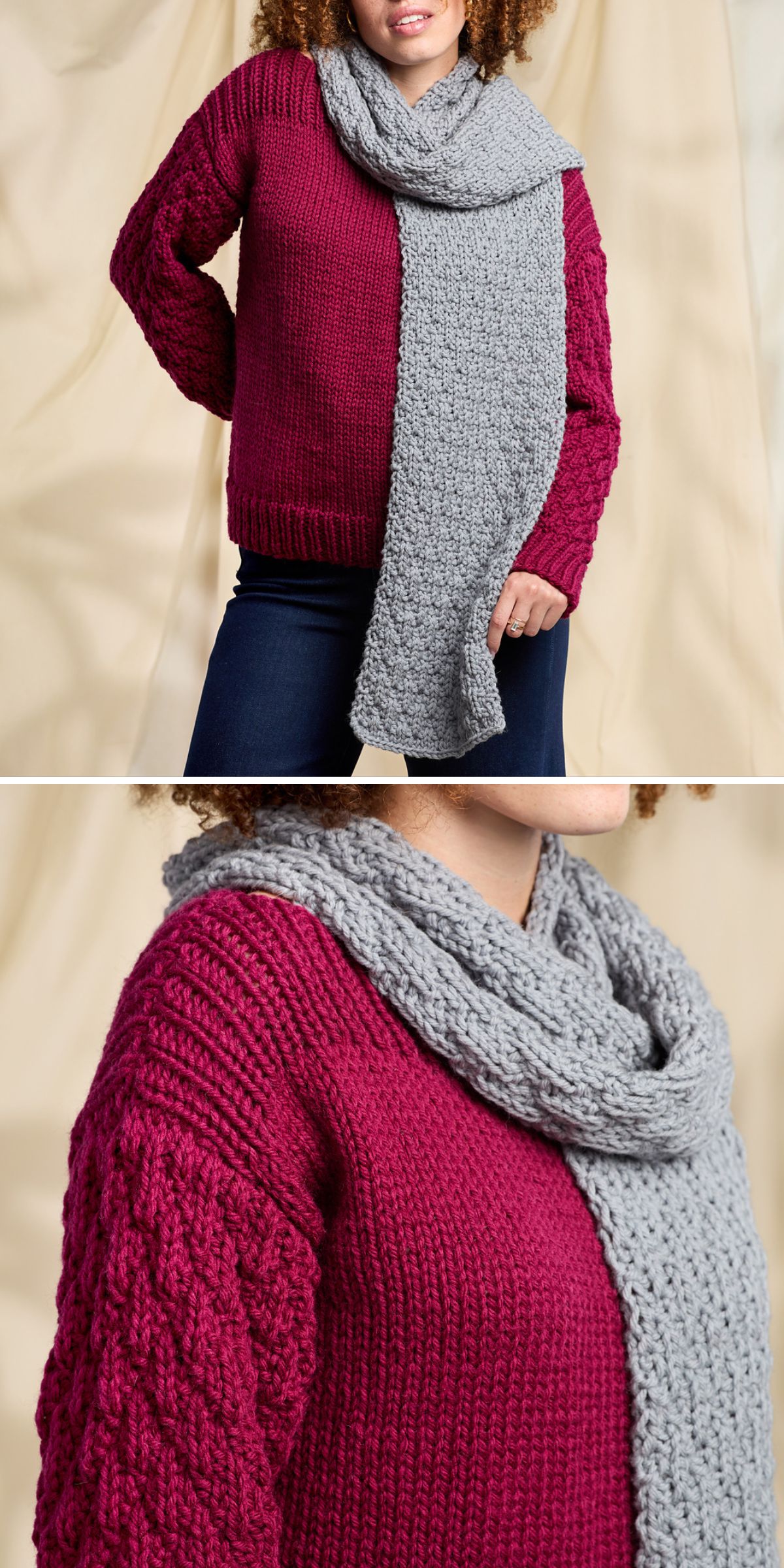 A person wears a chunky knit maroon sweater with textured sleeves and a thick, textured light gray scarf draped around the neck, perfect for those seeking free knitting patterns for scarves.