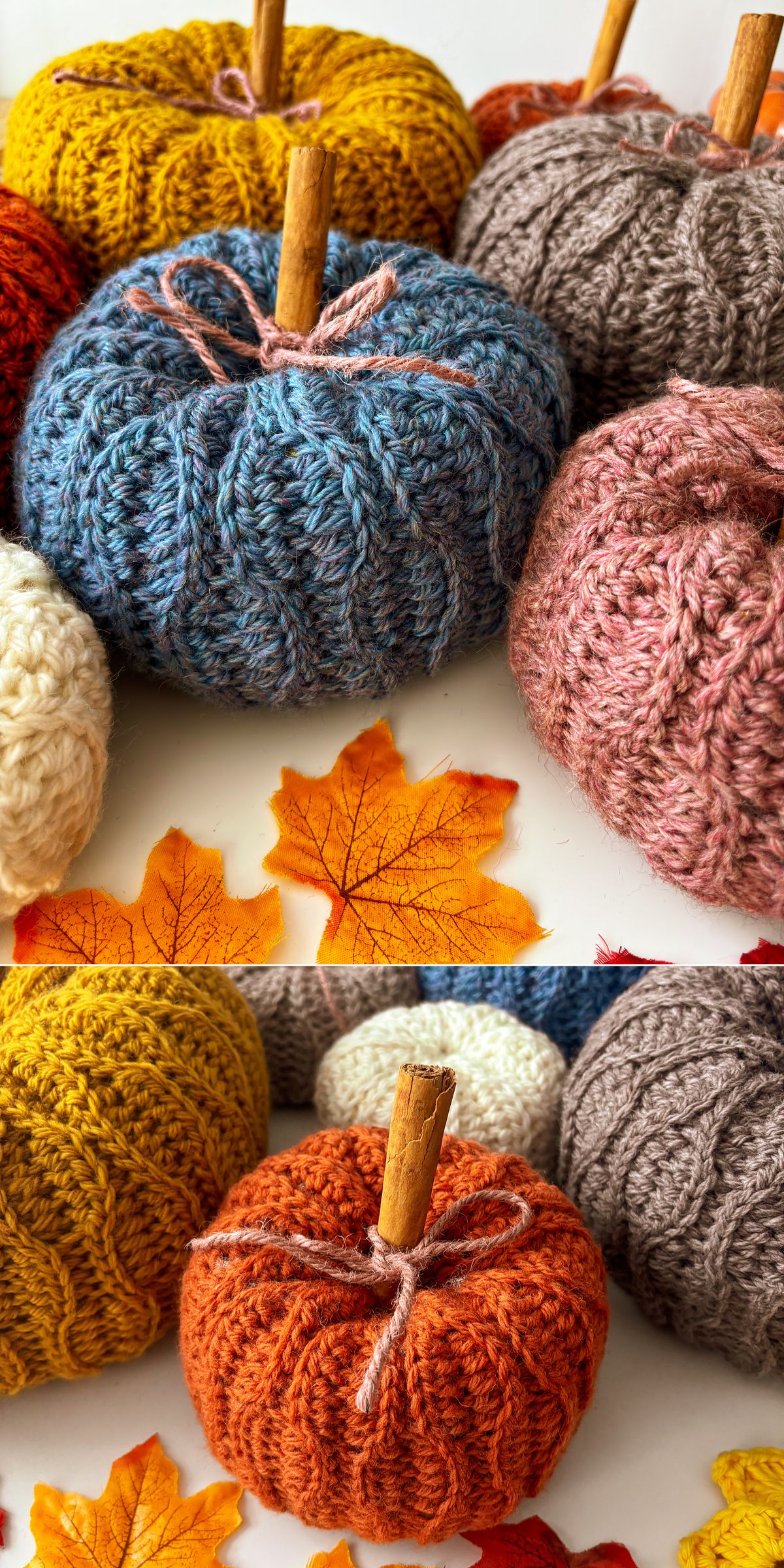 a set of crochet pumpkins in fall colors