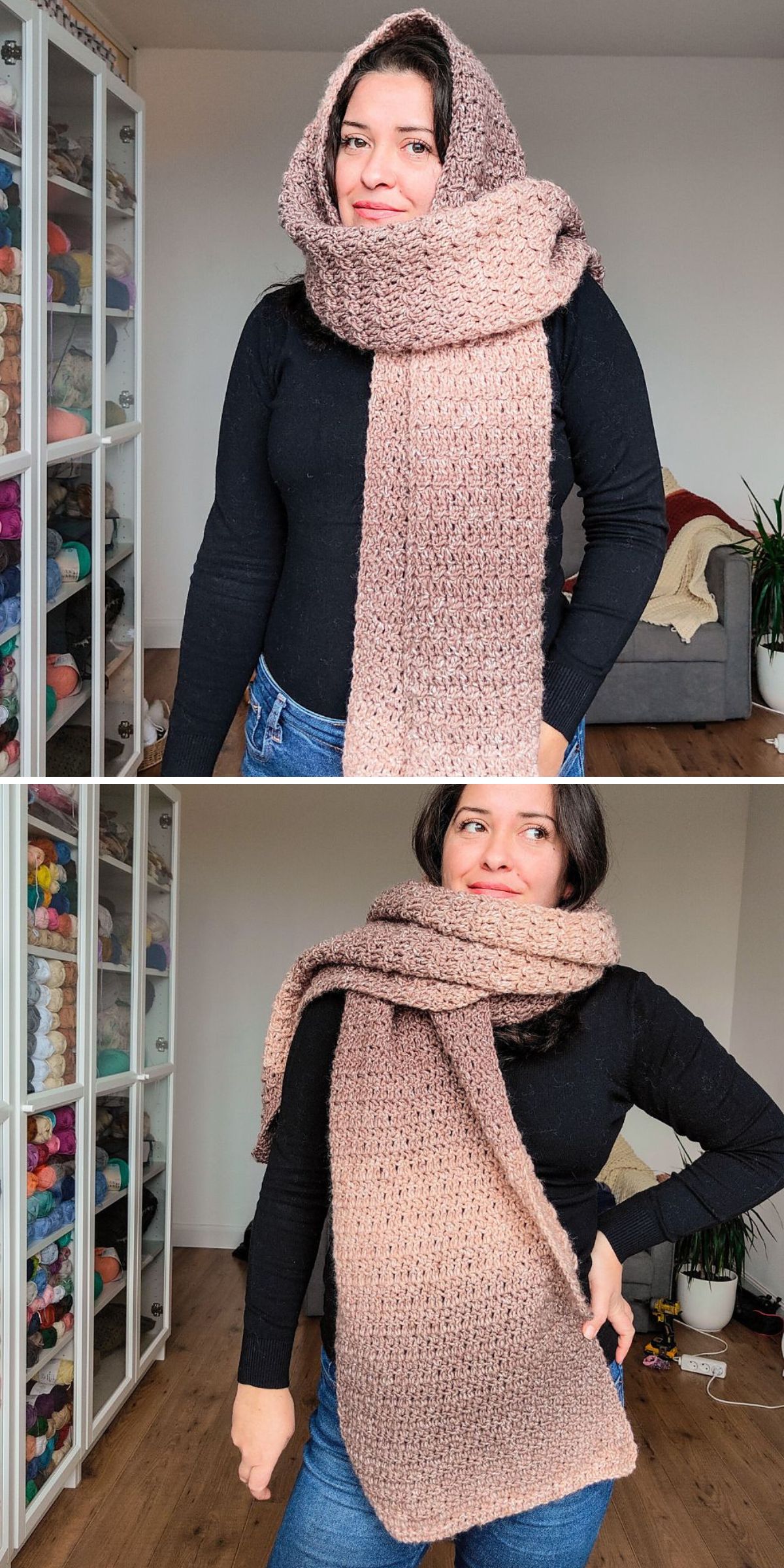 A person wearing a large, textured, light brown chunky crochet scarf — perfect for Crochet Winter Accessories — over a black long-sleeve shirt, standing indoors with yarn shelves and a couch in the background.
