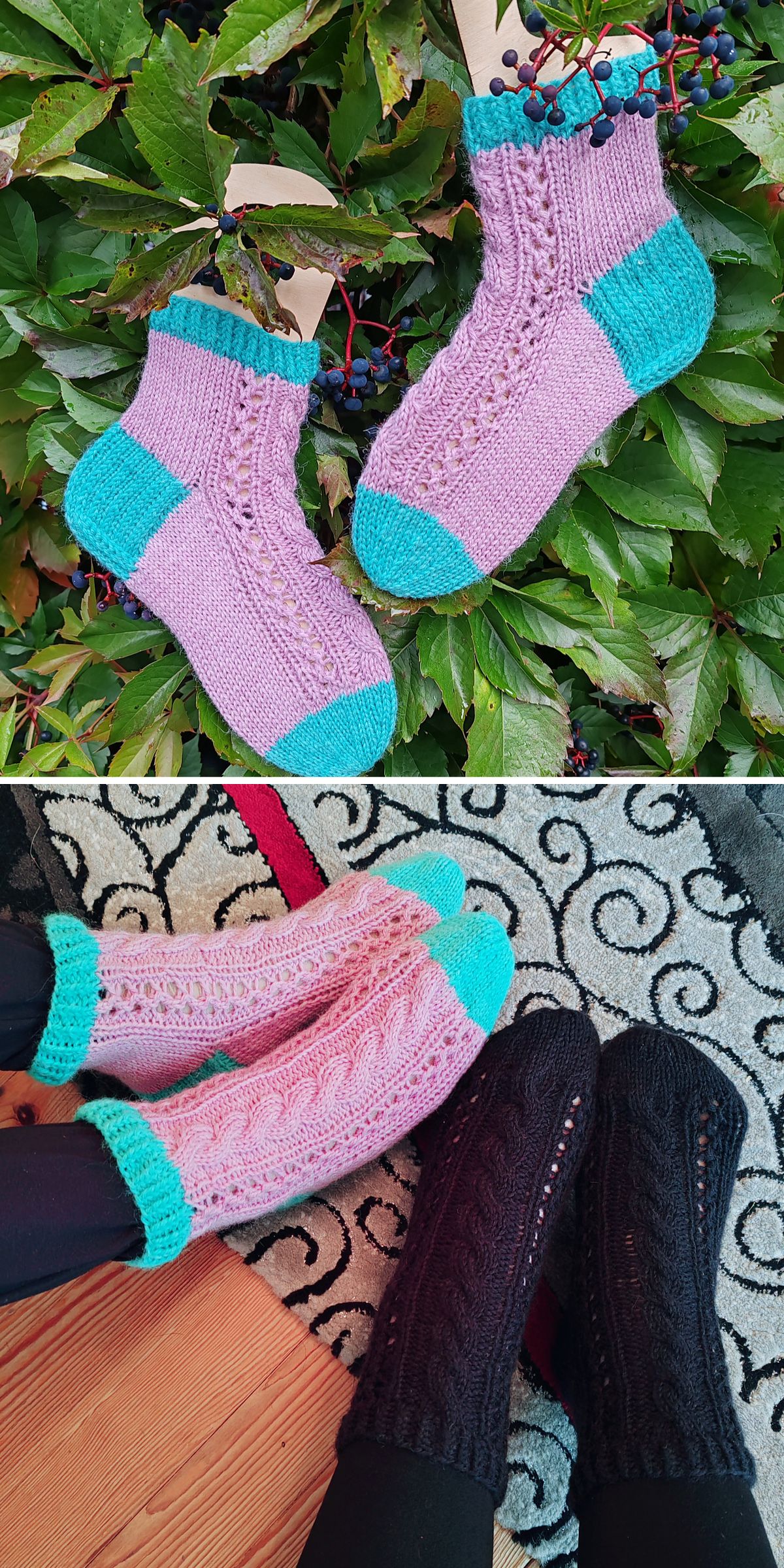 pink and black knitted socks with lacy top