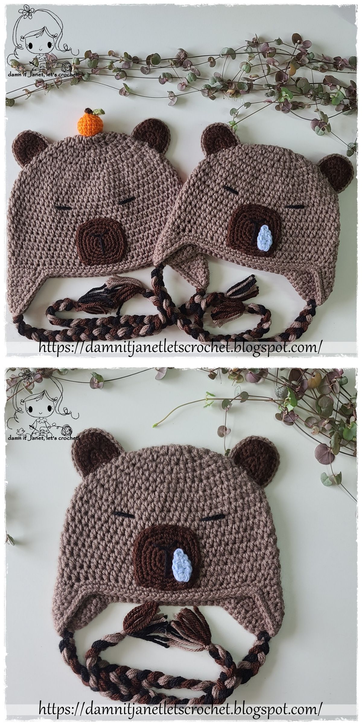 Two crocheted bear hats with braided ties, one small and one large; the smaller hat has a tiny orange pumpkin on top. Both hats display sleepy bear faces with embroidered details.
