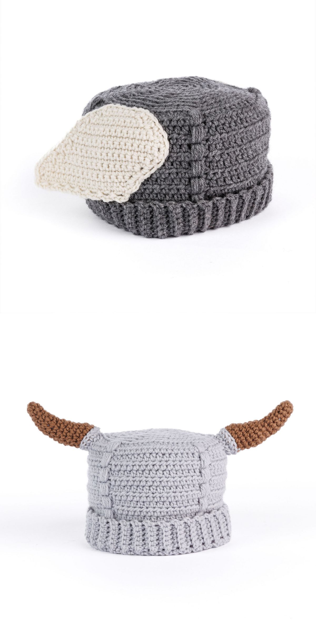 Two crocheted hats are shown: the first is gray with a single white ear, and the second is light gray with two brown horns and two small gray ears β adorable examples of unique crochet hat patterns.