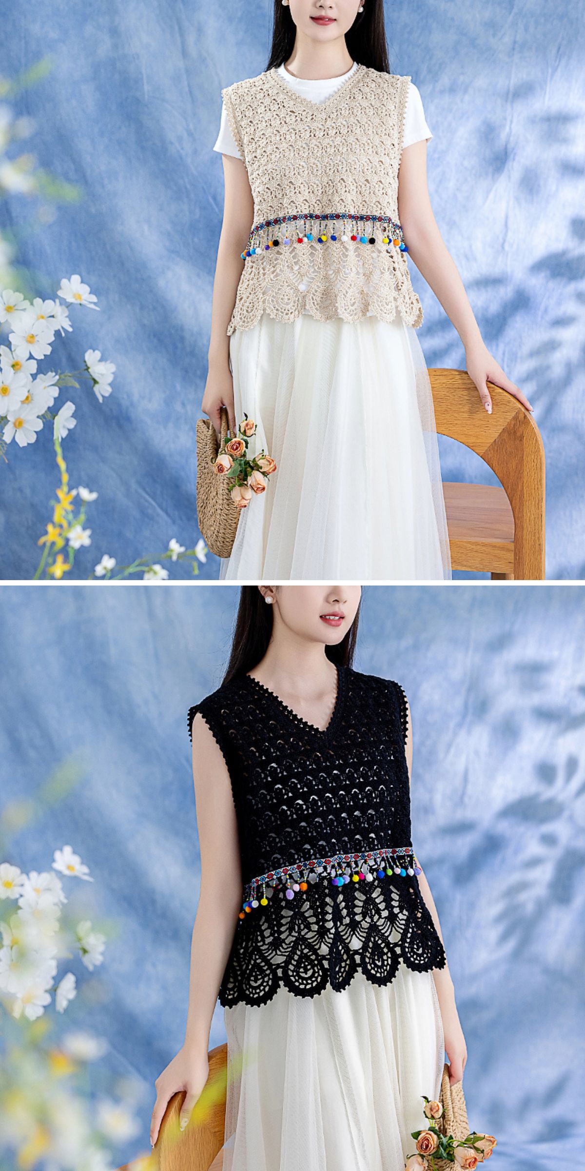 an elegant lace crochet vest with beads