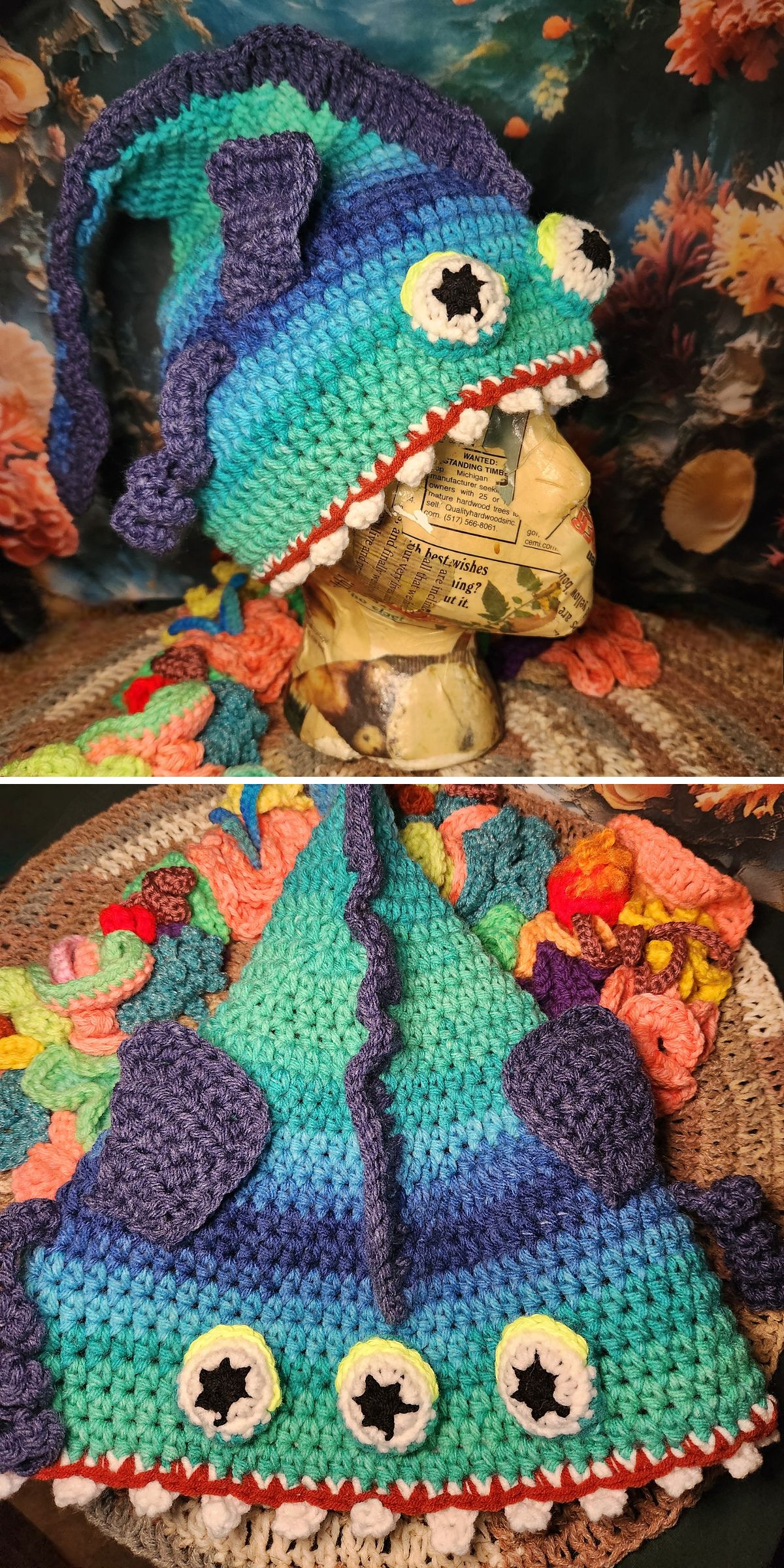 Two photos of a crocheted hat designed to look like a whimsical sea creature with bulging eyes, fins, and teeth, displayed on a mannequin head and laid flat on a surface.