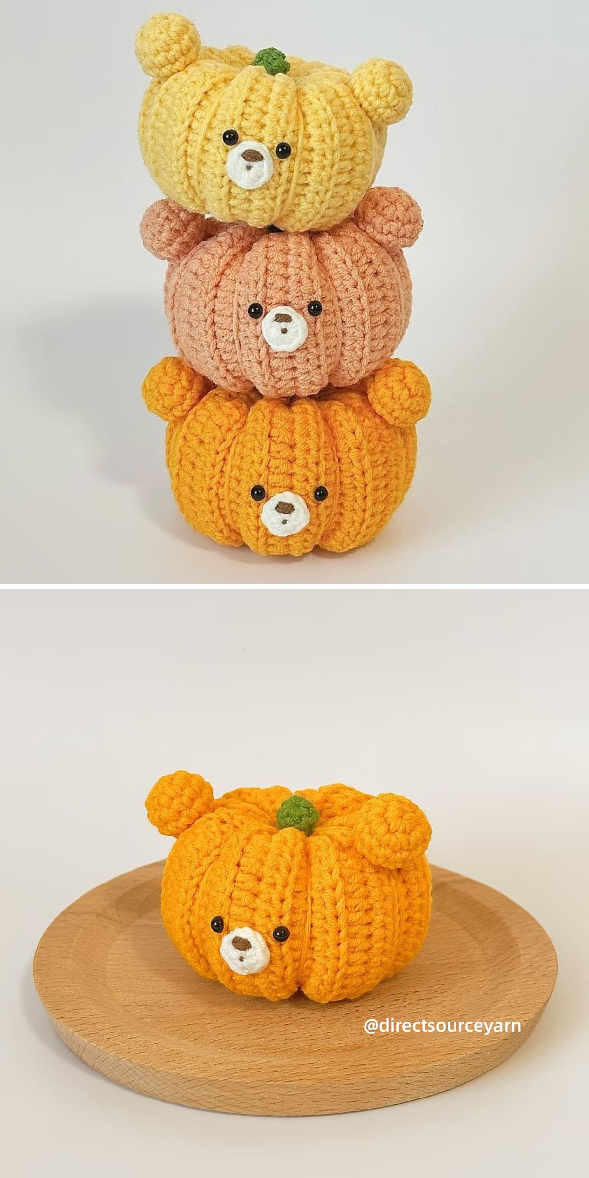 Three crochet pumpkin bears are stacked on top of each other, while a single crochet pumpkin bear sits charmingly on a wooden plate.