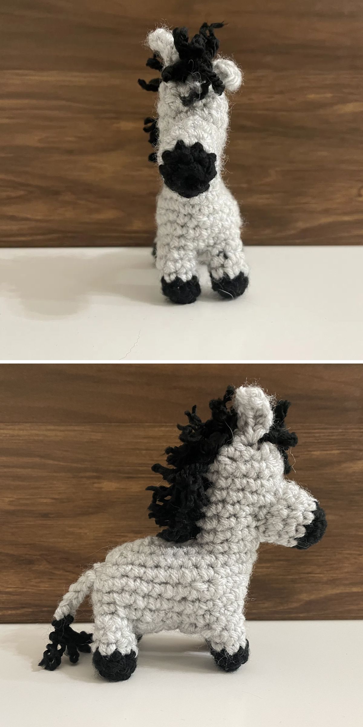 Two photos of a small crochet horse amigurumi zebra, crafted with black and white yarn, shown from the front and side against a wooden background and white surface.